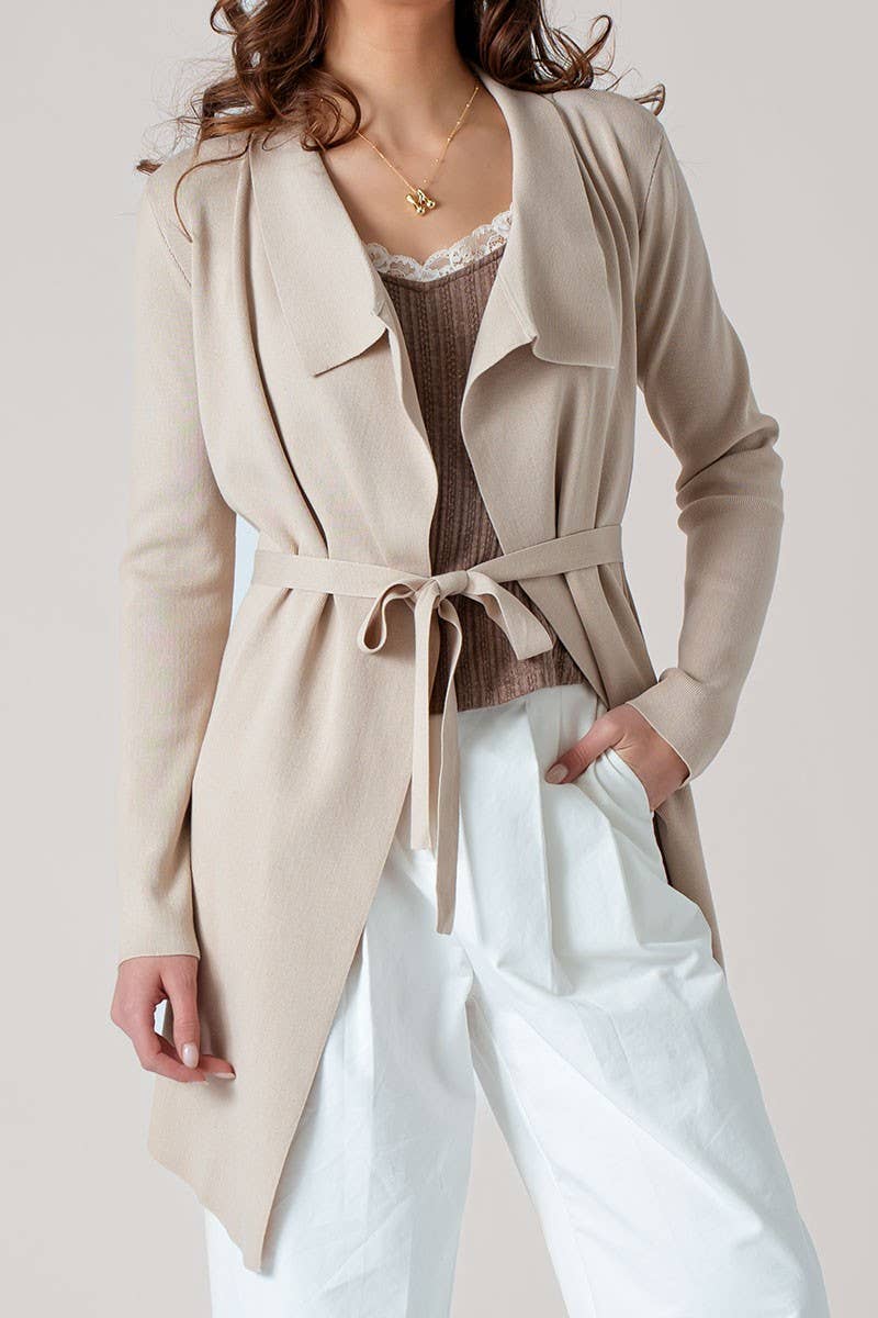 Urban Daizy Draped Front Long Sleeve Waist Tie Cardigan Taupe Cardigan - Women's (UDZ-KN-00530)