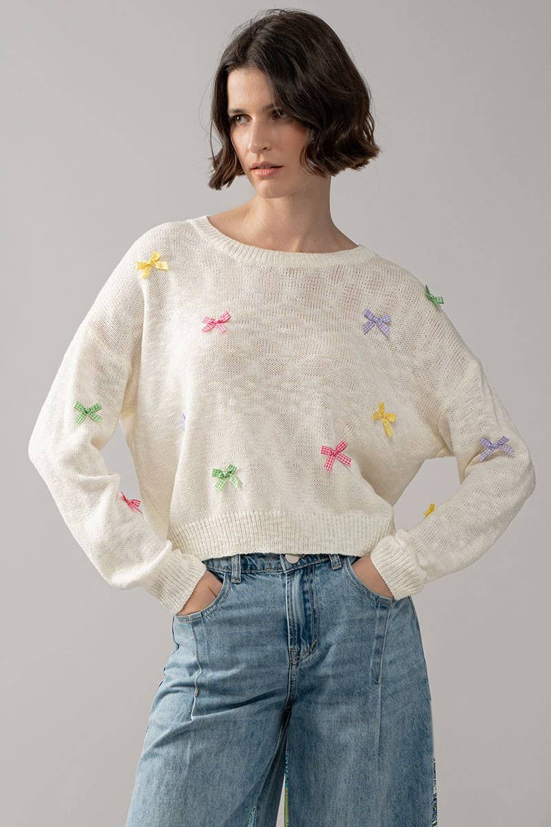 Urban Daizy Multicolor Gingham Bow Crew Neck Knit Sweater Ivory Knit Sweater - Women's (UDZ-KN-00057) – alternate view 7