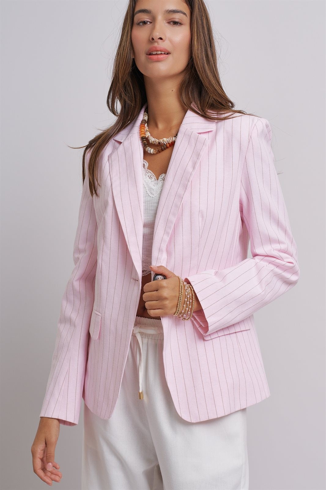 Pinstripe Single-Button Notch Lapel Blazer in LT PINK - Women's Fashion | Urban Daizy