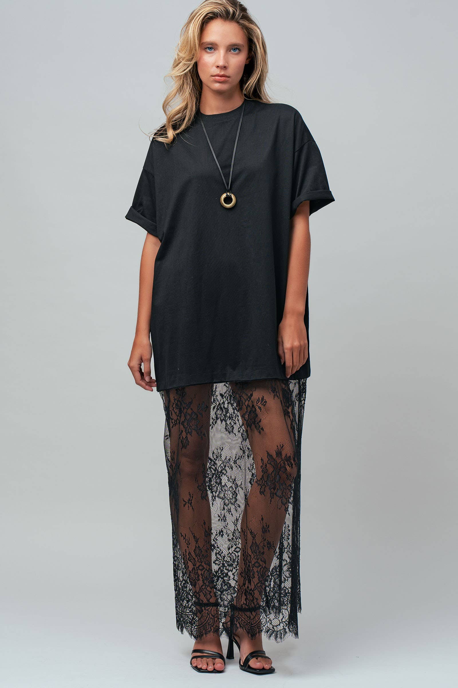 Mixed-Media T-Shirt Dress with Sheer Lace Skirt