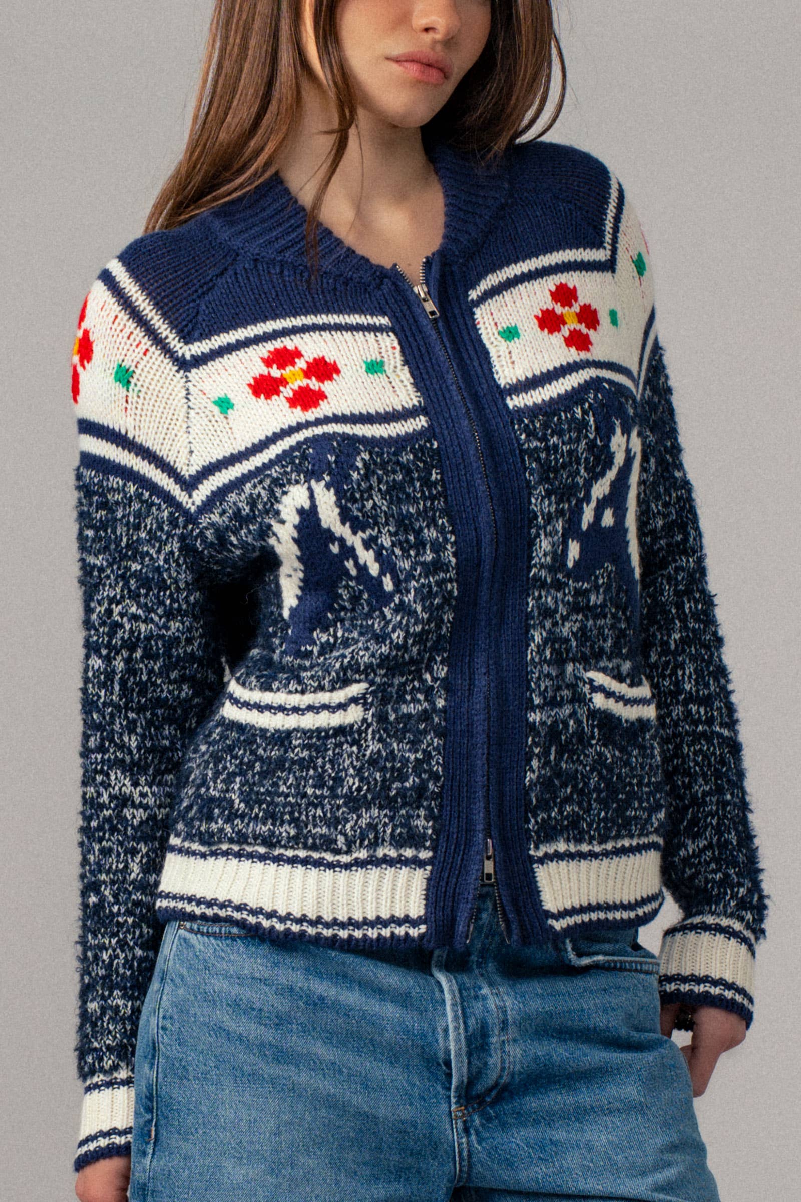 Urban Daizy Floral Yoke Zip-Up Knit Cardigan Navy-Multi Cardigan - Women's (UDZ-TP-00814) – alternate view 8