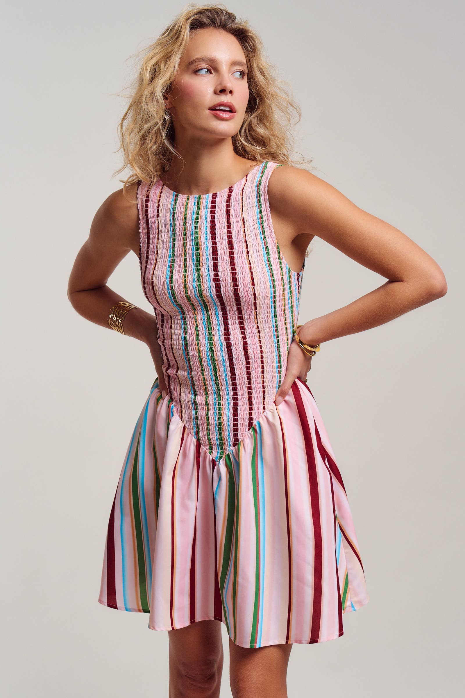 Urban Daizy Sorbet Stripe Smocked Bodice Sleeveless Mini Dress Muiti Dress - Women's (UDDR0349-Muiti) – alternate view 8