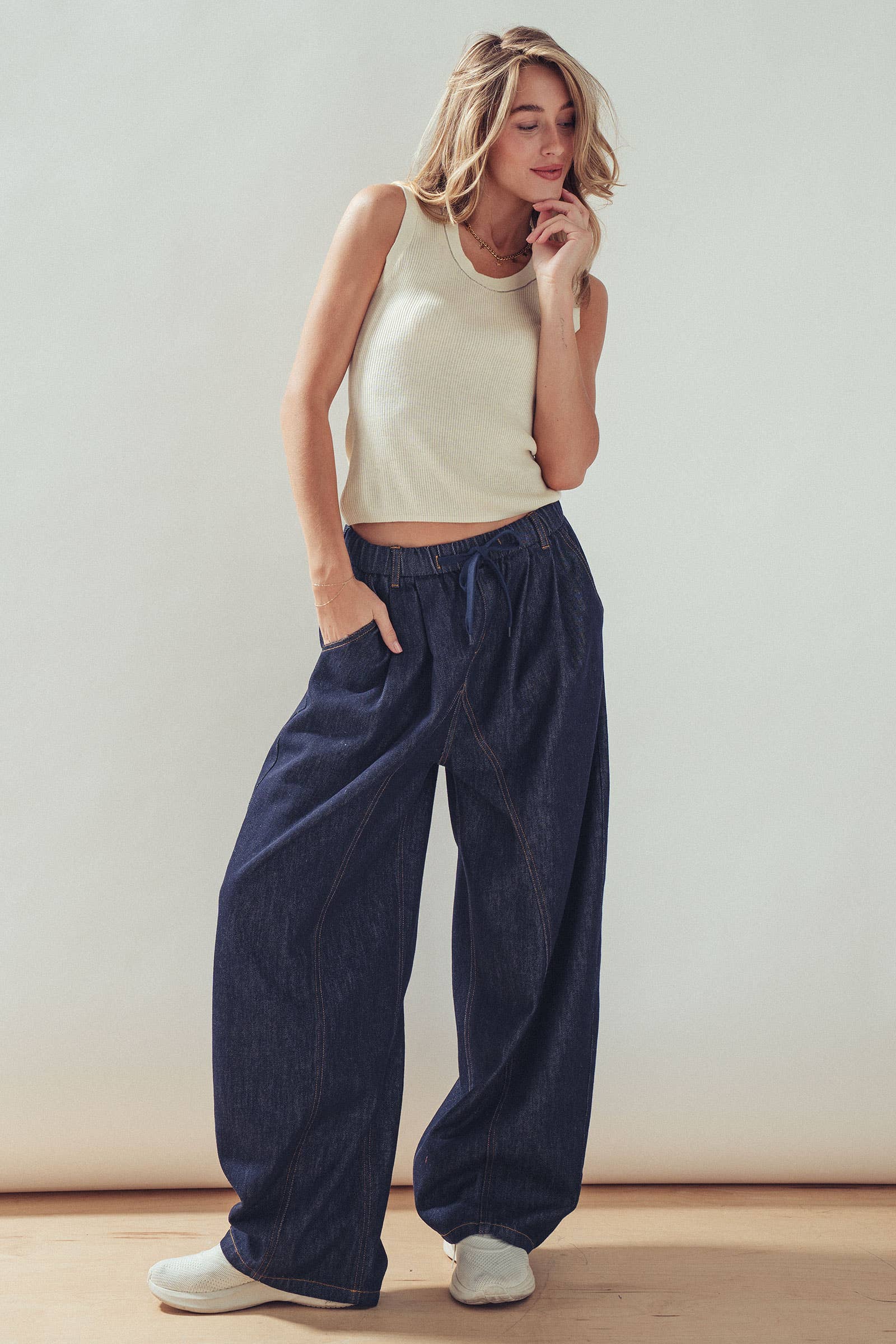 Drawstring Waist Dark Wash Barrel Leg Jeans