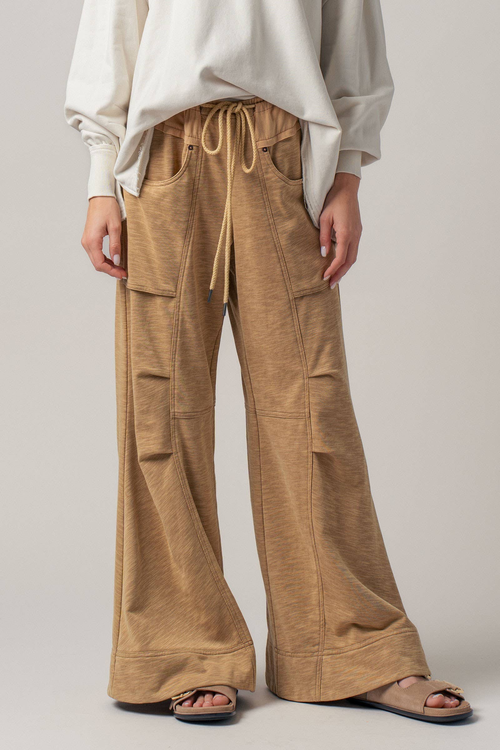 Drawstring Waist Seam Detail Wide-Leg Pants