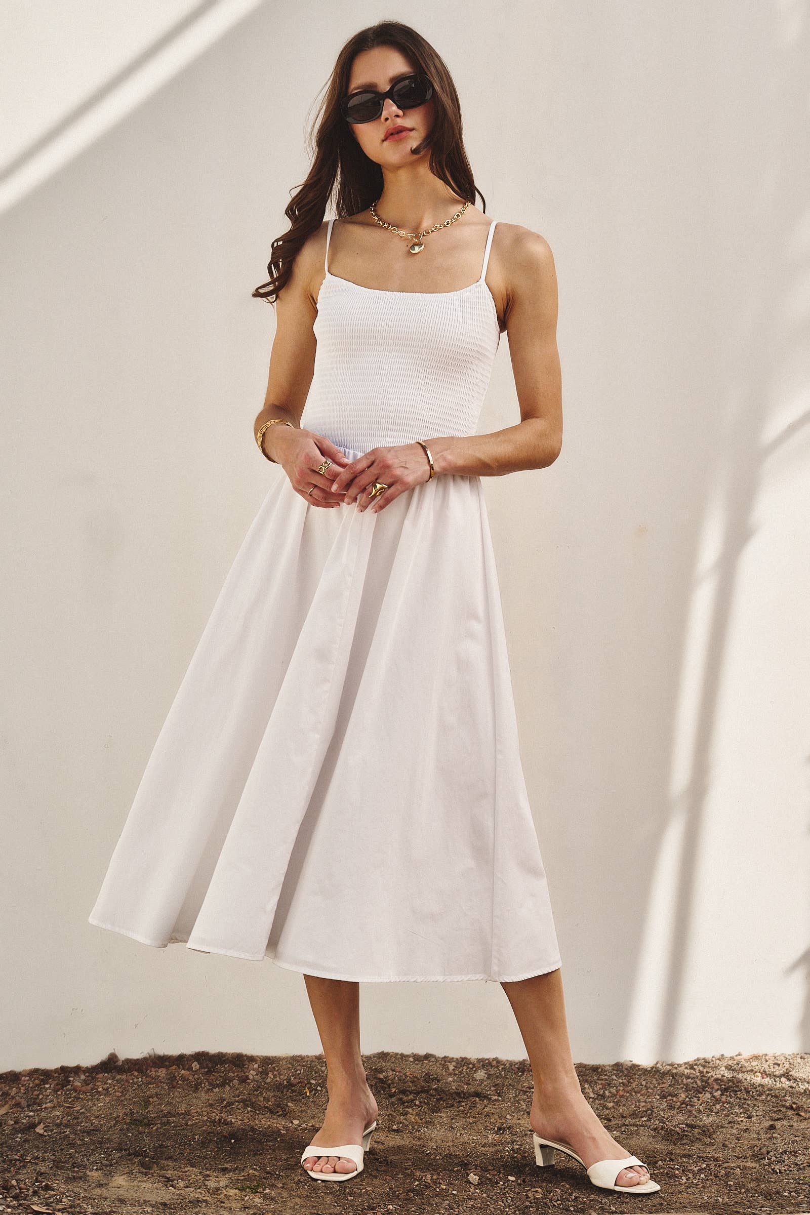 Urban Daizy Classic Smocked Bodice Cotton Midi Dress White Dress - Women's (TNDR1637-White)