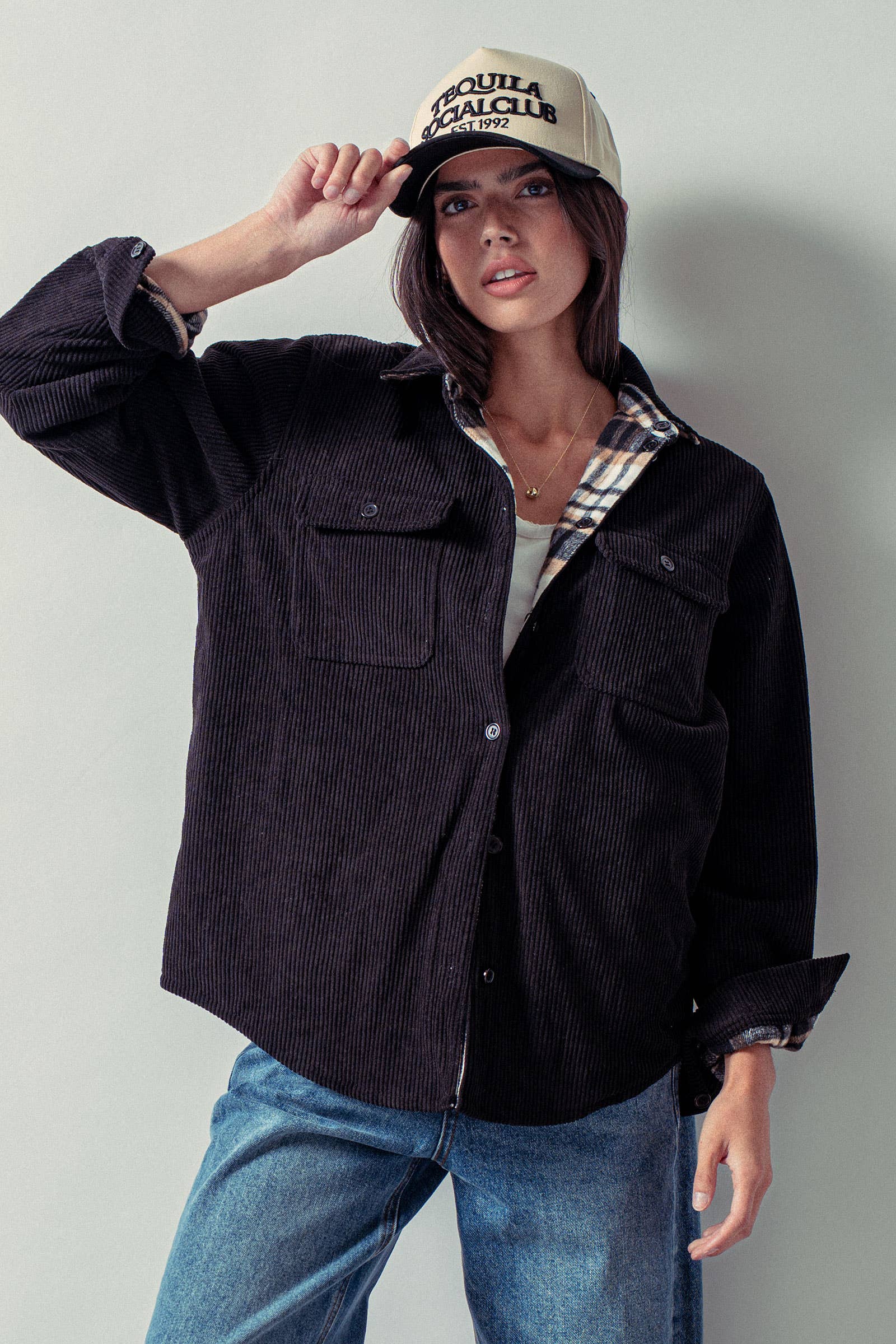 Urban Daizy Plaid Flannel-Lined Corduroy Shacket Taupe Shirt Jacket/Shacket - Women's (UDZ-KN-00150) – alternate view 17