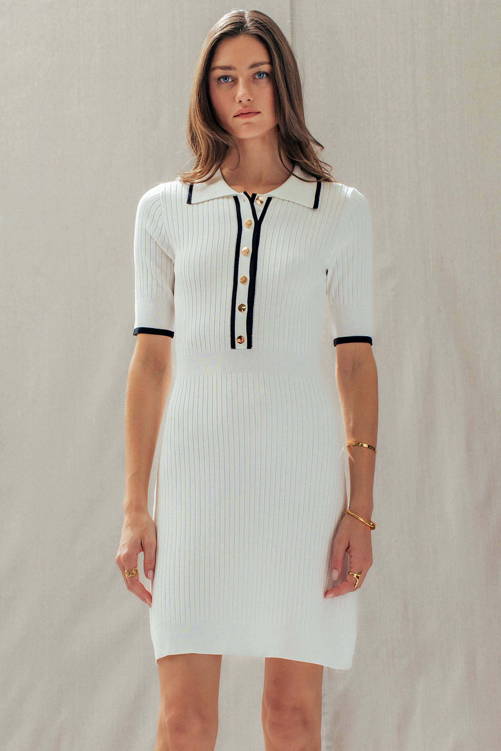 Urban Daizy Contrast Trim Ribbed Knit Polo Mini Dress Ivory-Black Dress - Women's (UDDR0341-Ivory-Black)