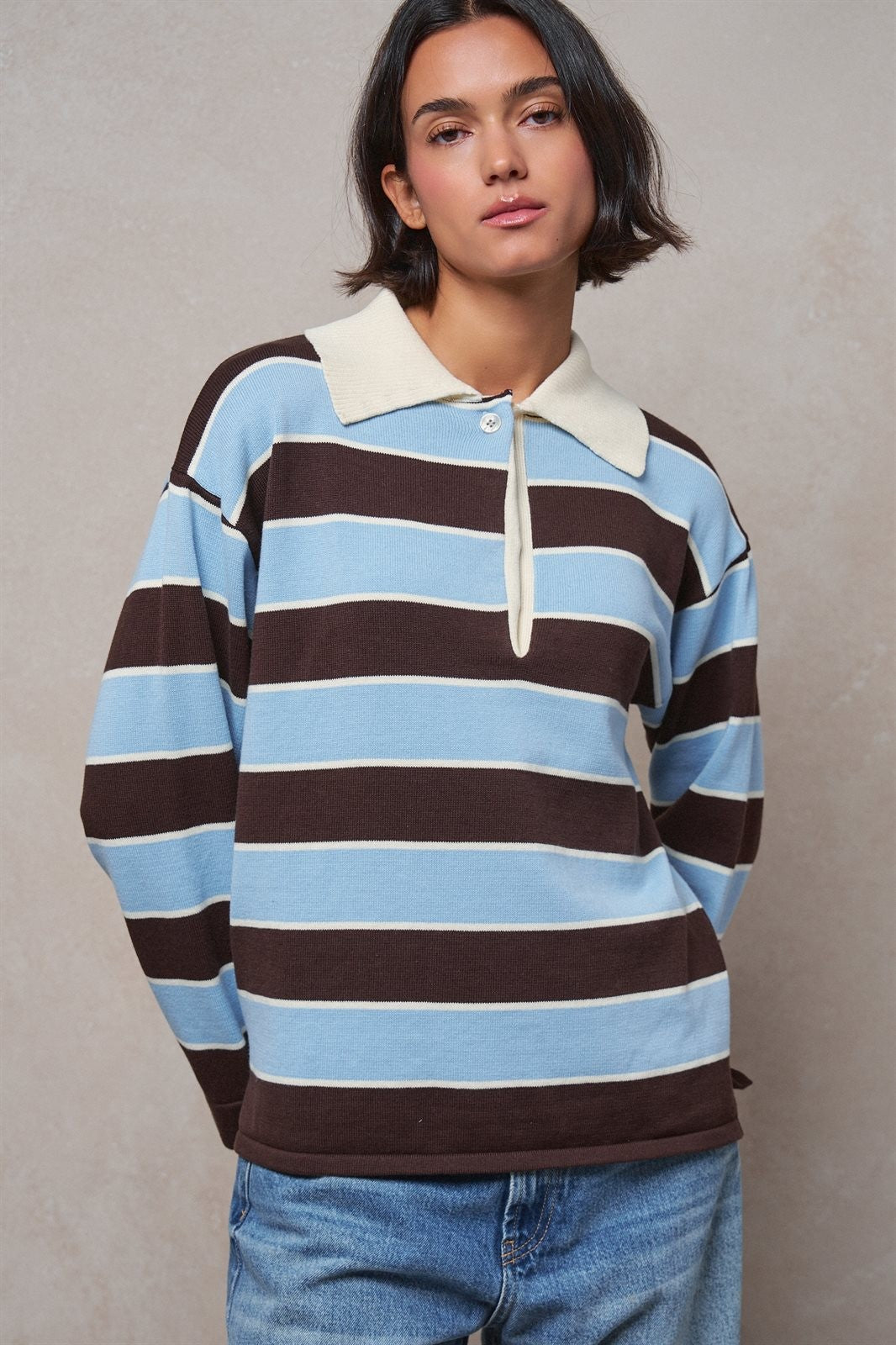 Striped Knit Rugby Polo Sweater in BROWN BLUE - Women's Sweaters | Urban Daizy