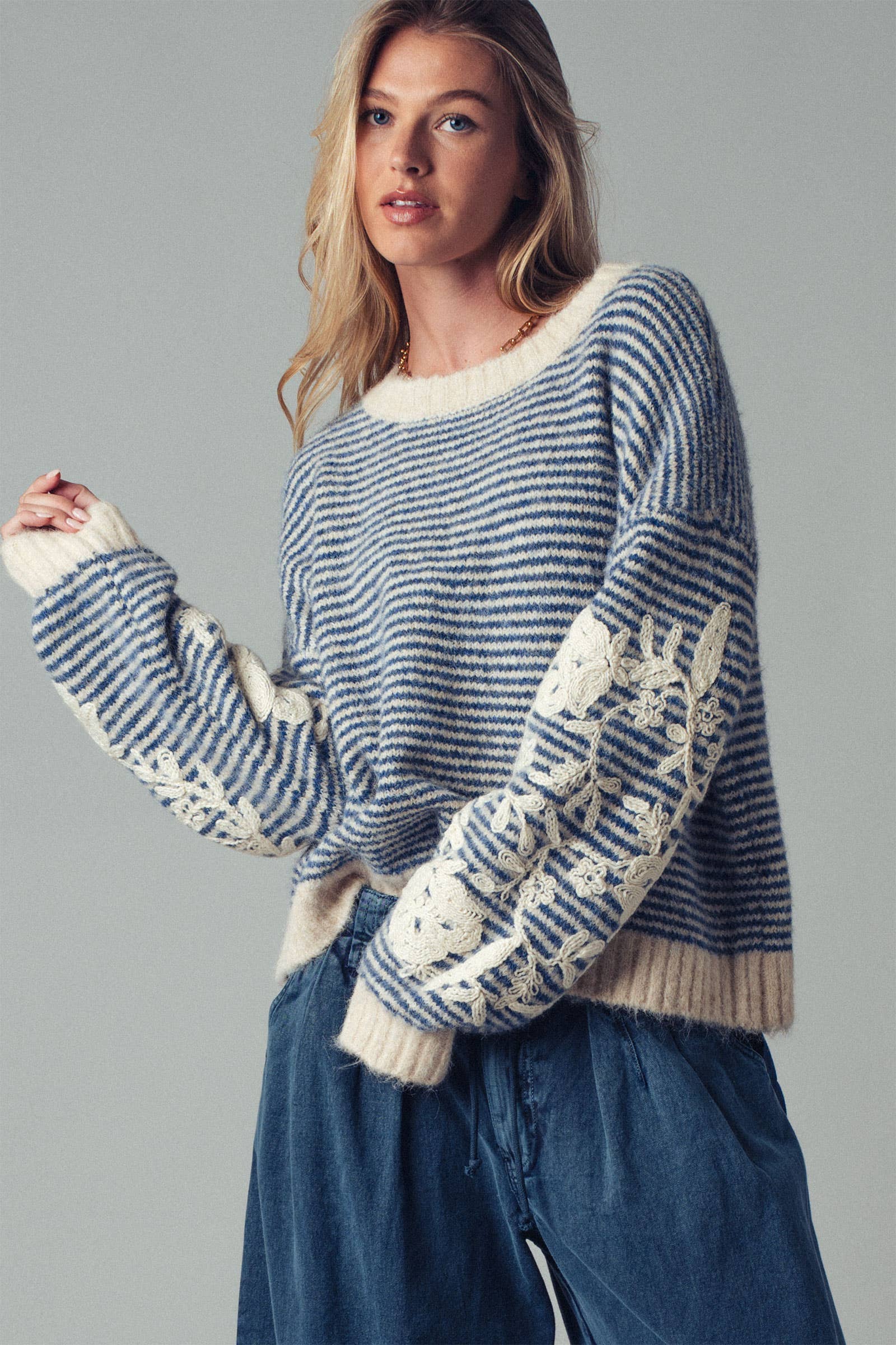 Urban Daizy Floral Embroidered Striped Knit Sweater Brown Knit Sweater - Women's (UDZ-TP-00814) – alternate view 12