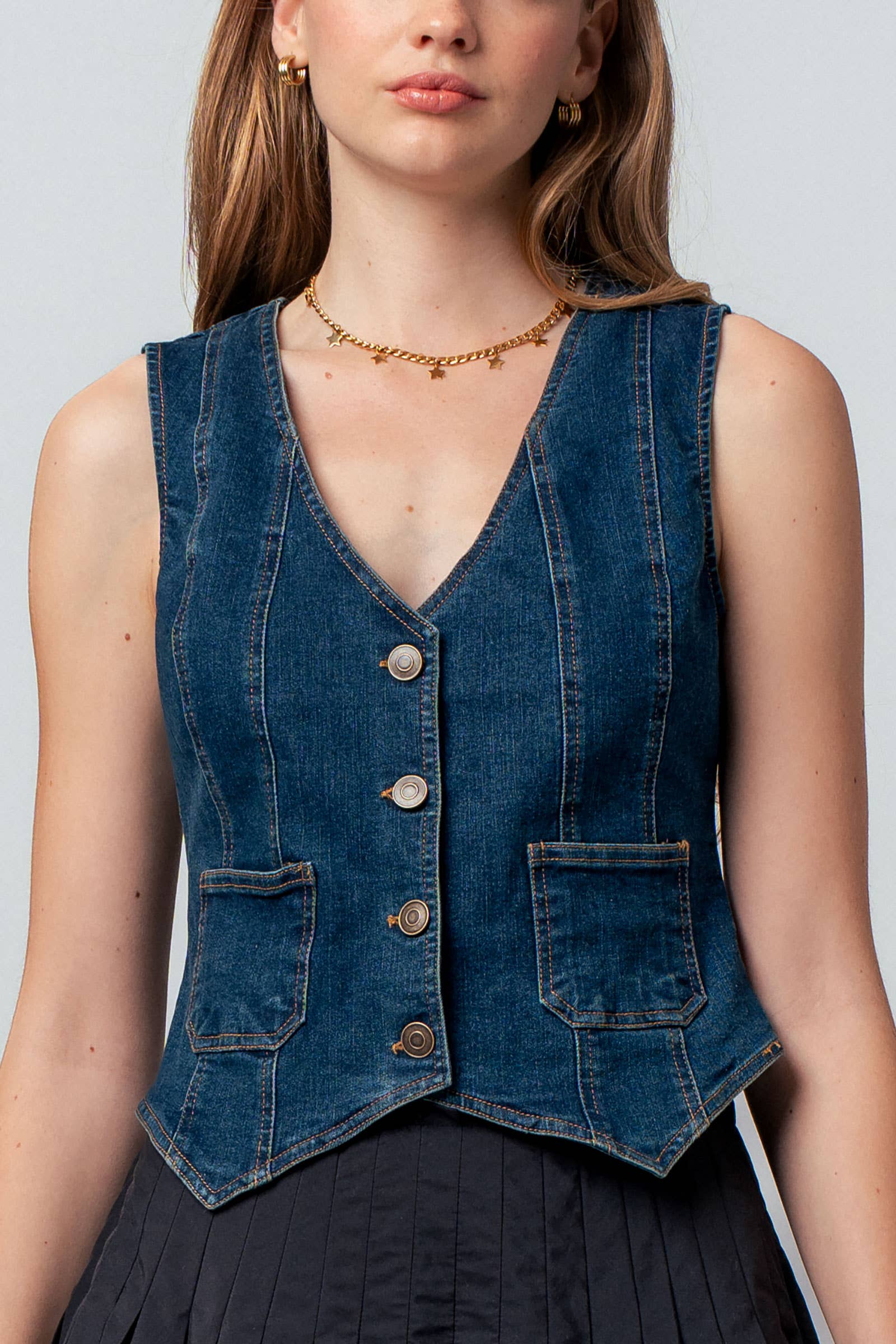 Fitted V-Neck Button-Front Denim Vest