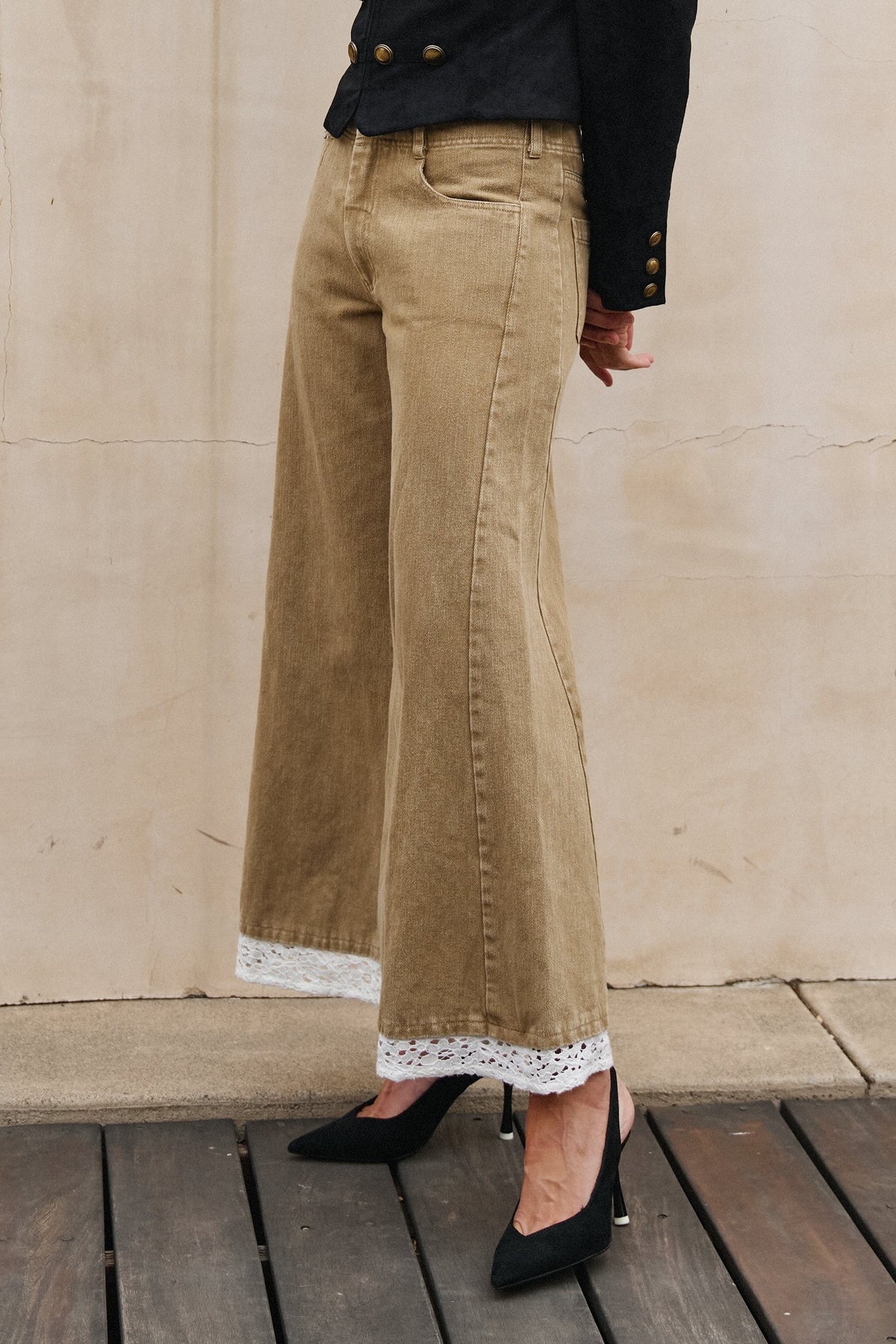 Wide Leg Lace Hem Denim Casual Pants in TAUPE	 - Women's Casual Pants | Urban Daizy