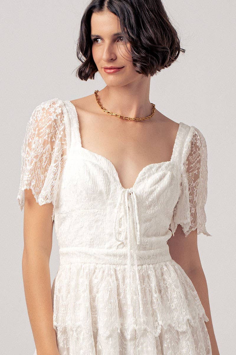 Tiered Lace Mini Dress with Corset Bodice and Puff Sleeves