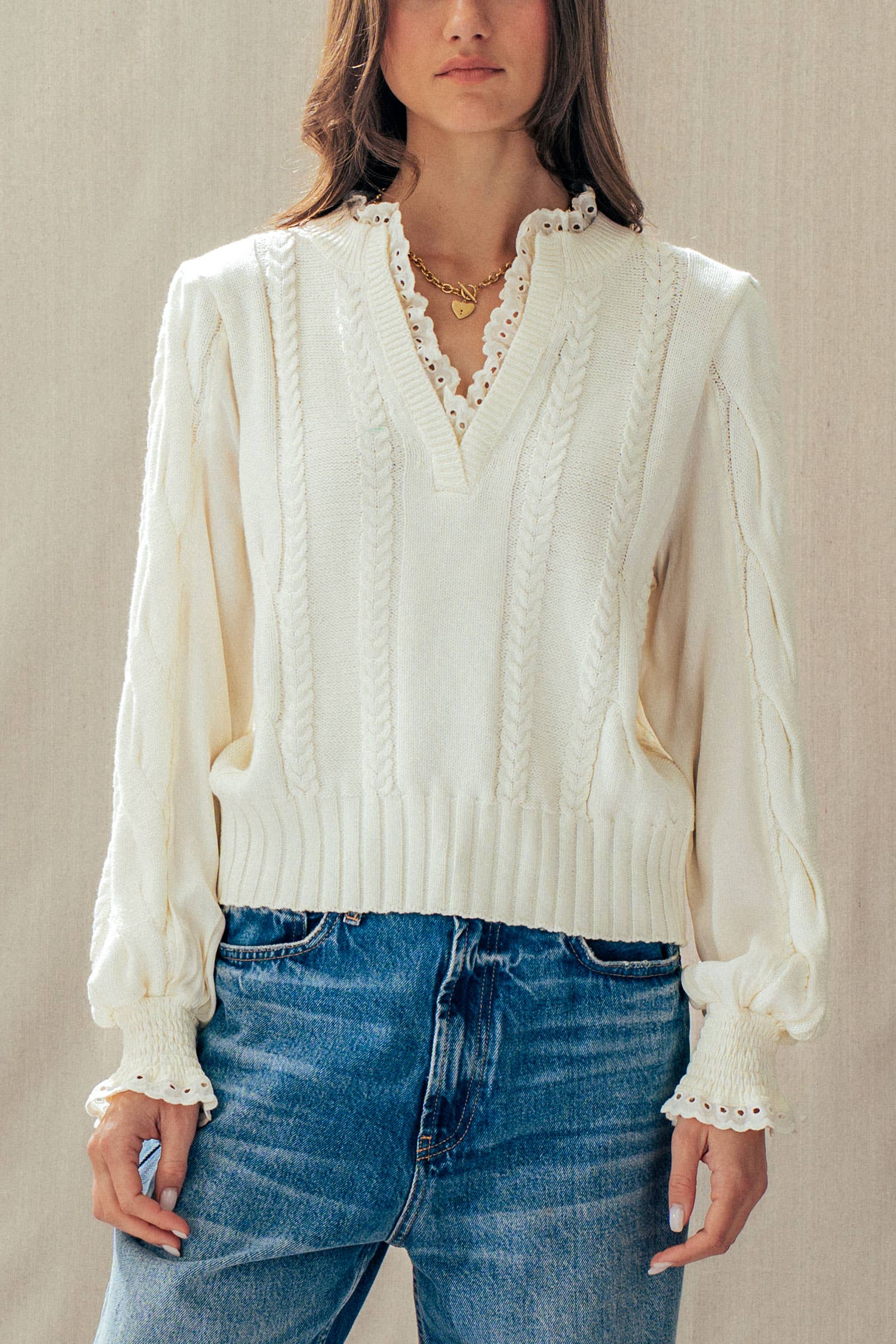 Lace Trim Cable Knit Pullover Sweater
