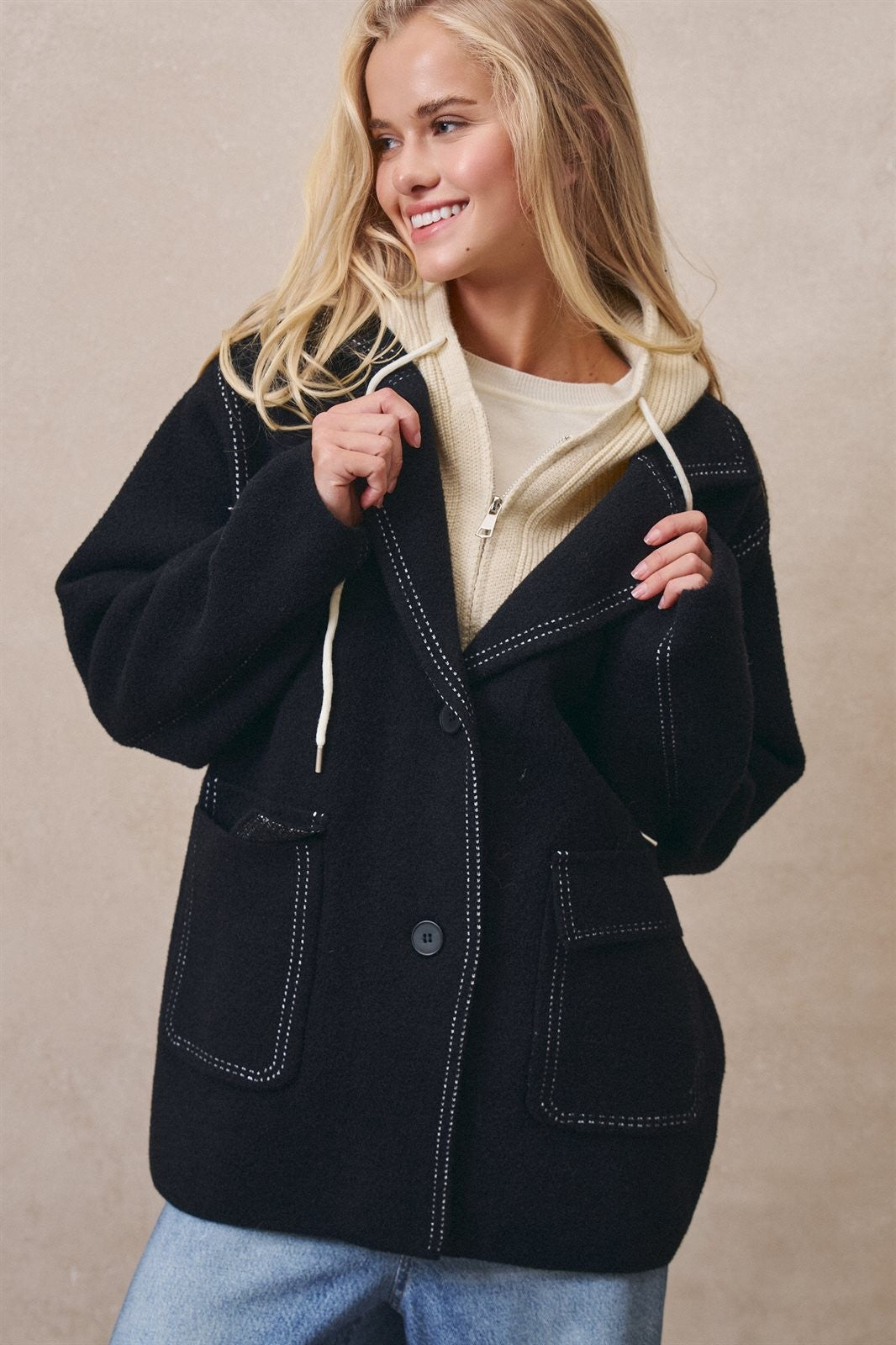 Hooded Wool Blend Oversized Short Coat in BLACK - Women's Coats | Urban Daizy