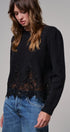Lace Trim Knit Sweater with Floral Hem Detail in BLACK - Women's Sweaters | Urban Daizy