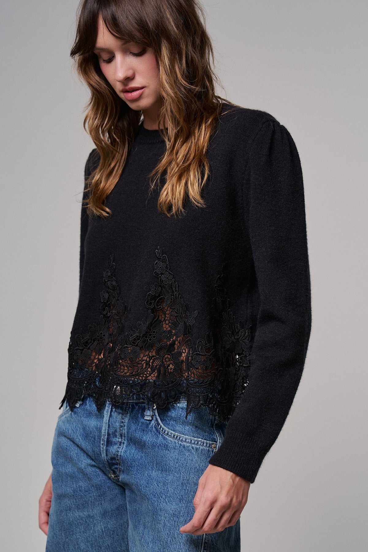 Lace Trim Knit Sweater with Floral Hem Detail in BLACK - Women's Sweaters | Urban Daizy