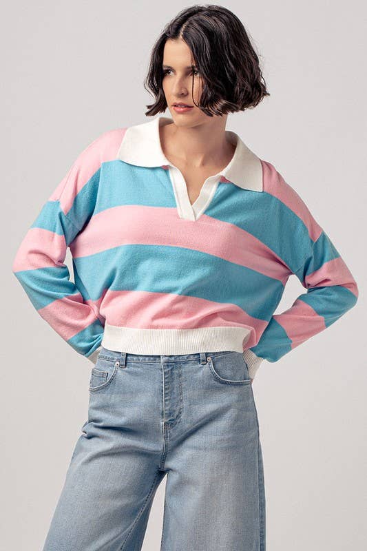 Preppy Striped Contrast Collar Cropped Rugby Long Sleeve Top