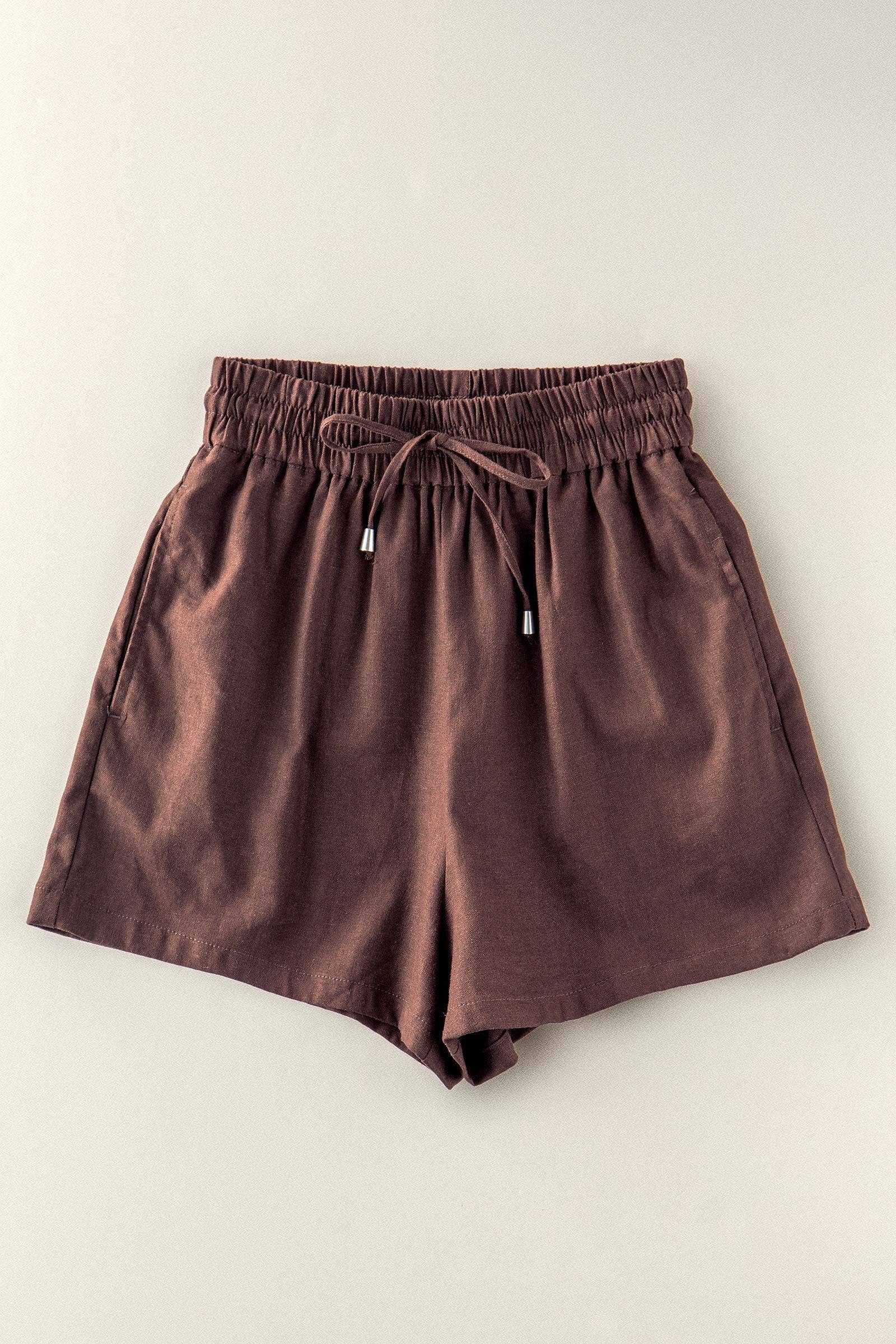 Urban Daizy Linen Blend Elastic Waist Drawstring Shorts Brown Shorts - Women's (UDZ-PT-00491)
