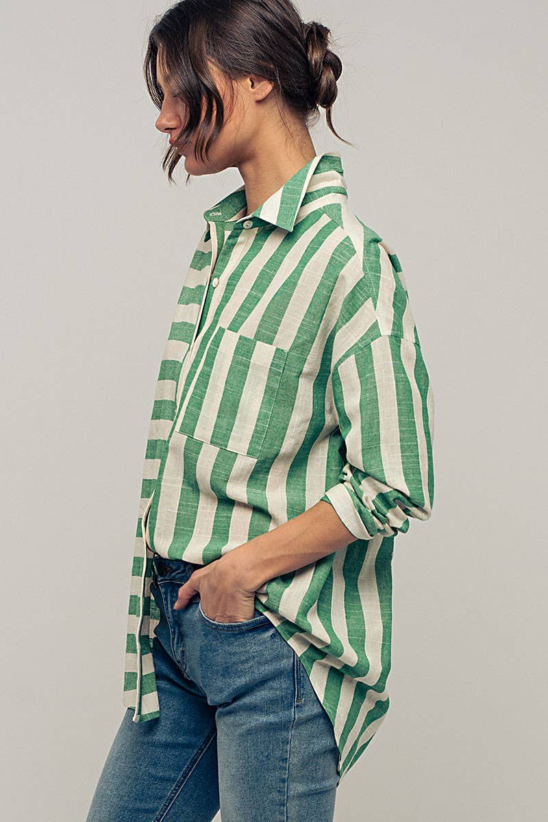 Urban Daizy Mixed Stripe Pattern Oversized Button Down Shirt Taupe Button Down Shirt - Women's (UDZ-TP-00049) – alternate…