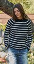 Striped Mock Neck Sweater with Rolled Neckline in IVORY NAVY - Women's Sweaters | Urban Daizy