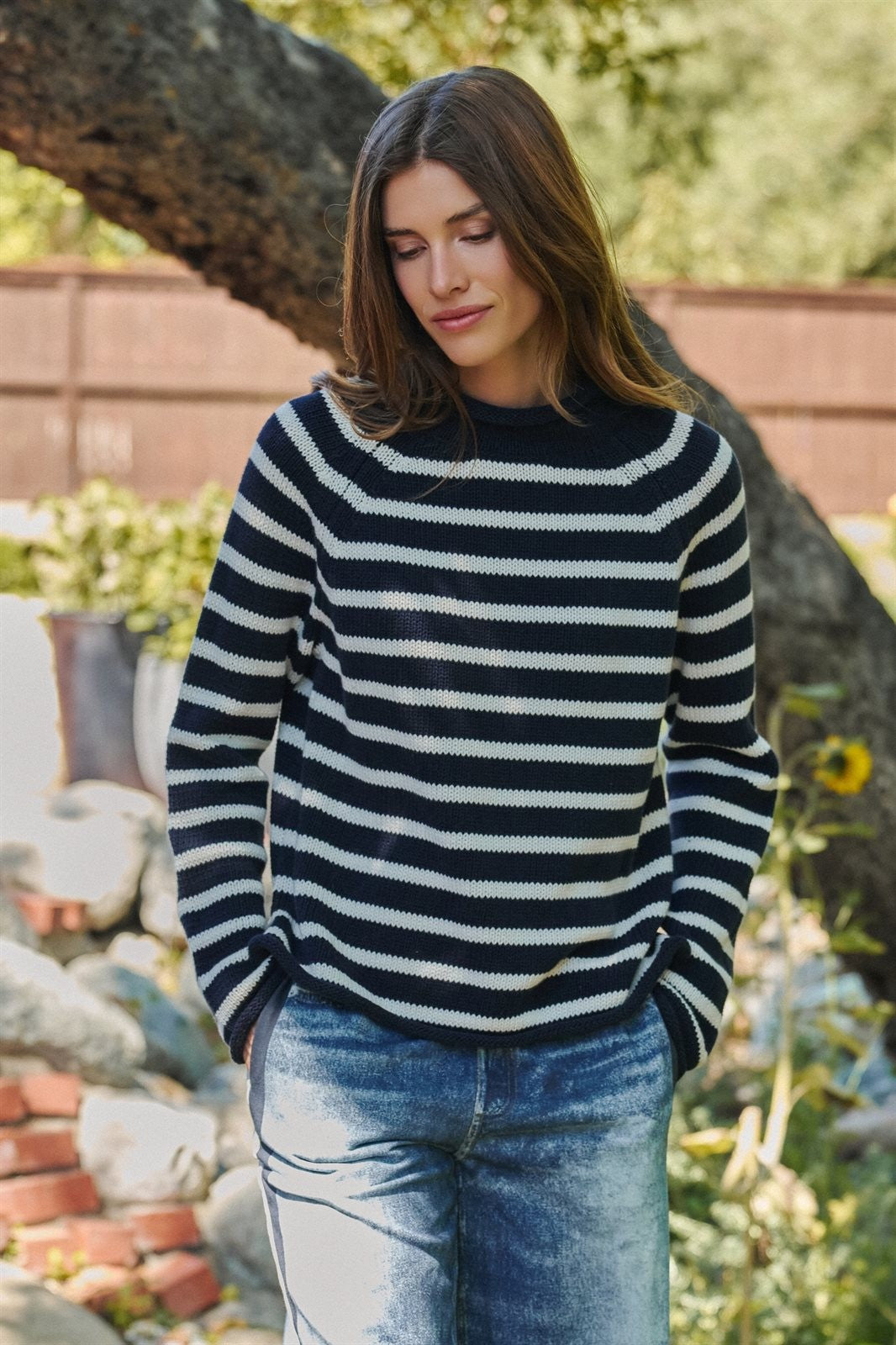 Striped Mock Neck Sweater with Rolled Neckline in IVORY NAVY - Women's Sweaters | Urban Daizy