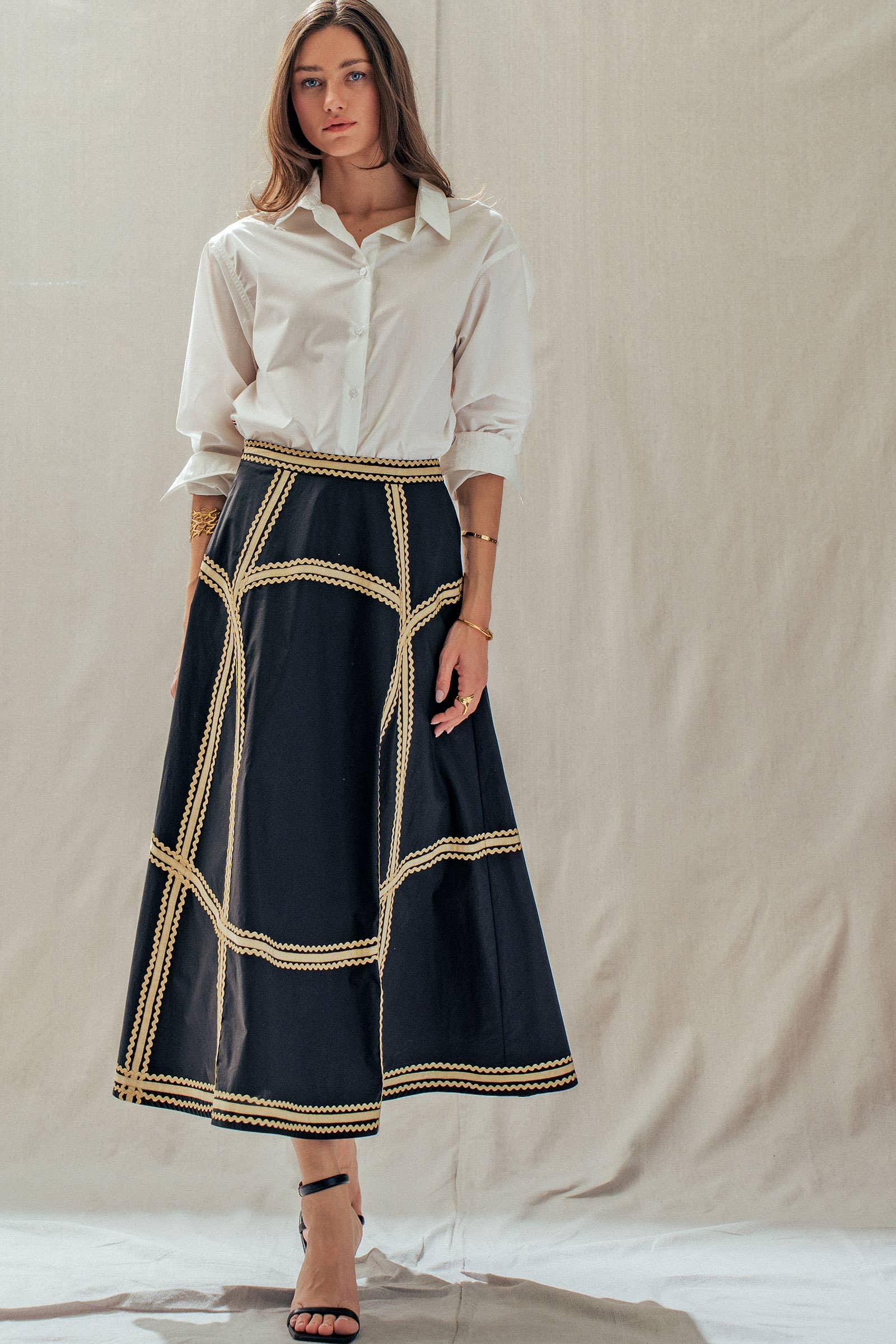 Contrast Rickrack Trim Cotton A-Line Midi Skirt