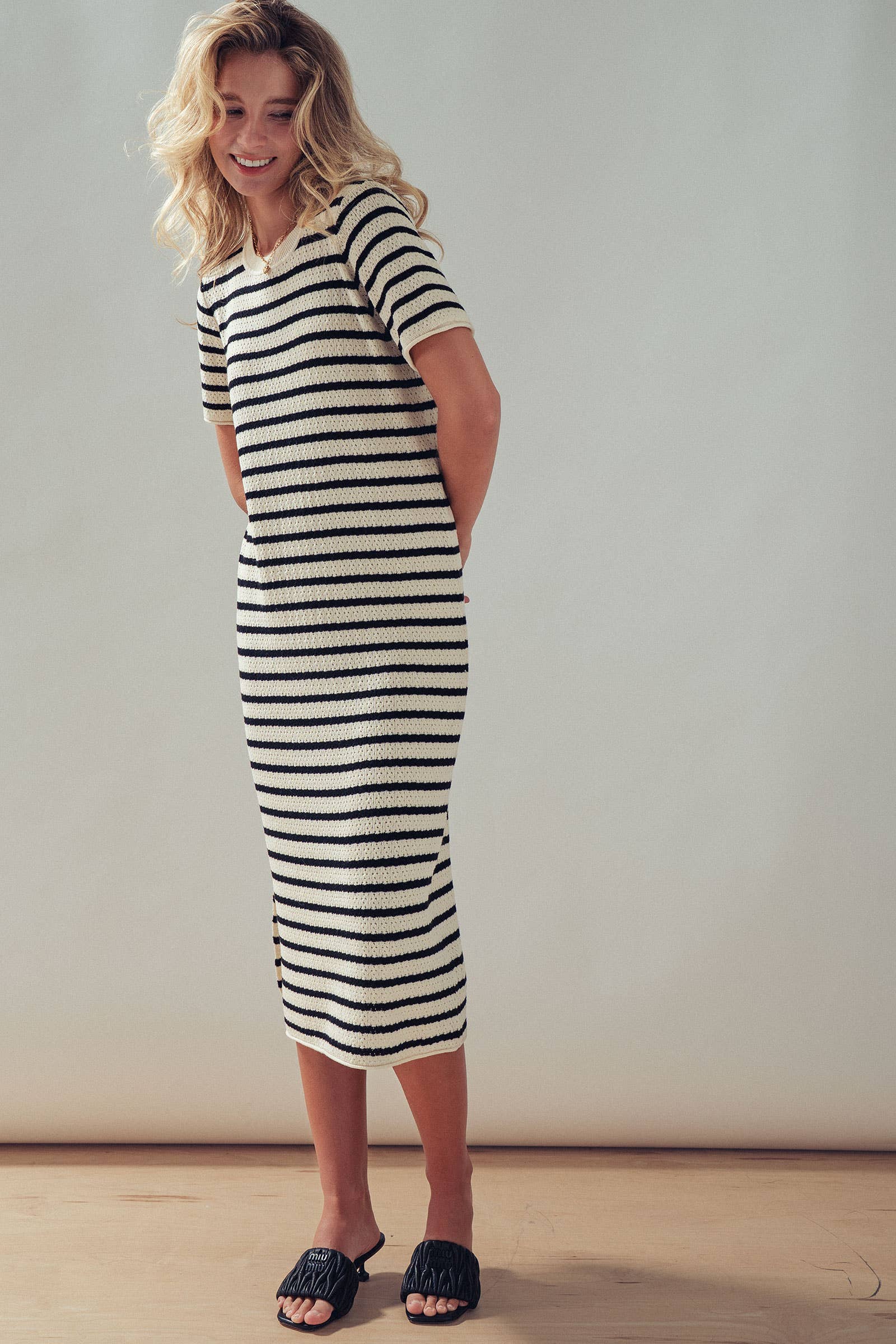 Striped Crochet Knit Short Sleeve Midi Dress