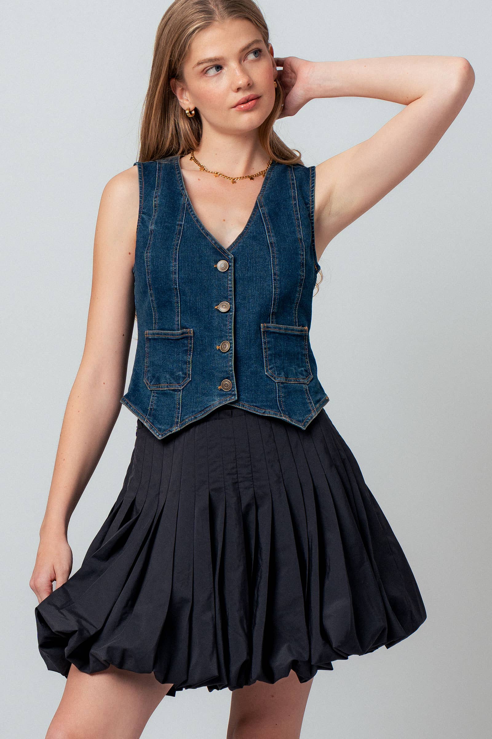 Fitted V-Neck Button-Front Denim Vest