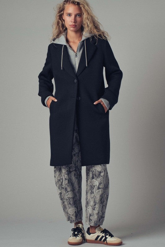Scuba Topcoat with Detachable Hoodie in BLACK - Women's Coats | Urban Daizy