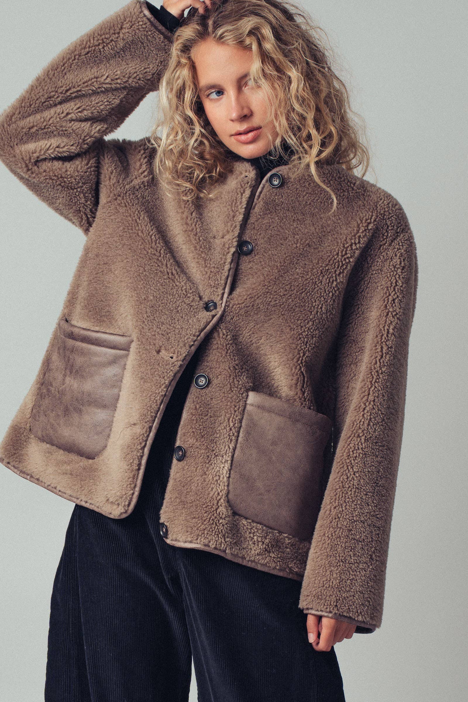 Faux Shearling Jacket with Suede Pockets
