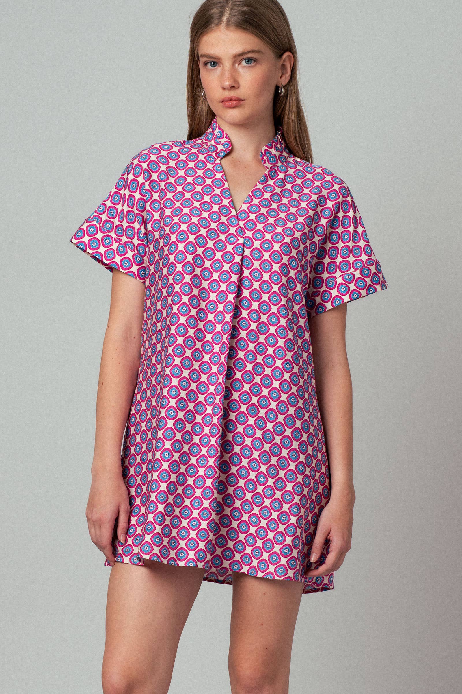 Retro Geometric Print Stand Collar Mini Dress