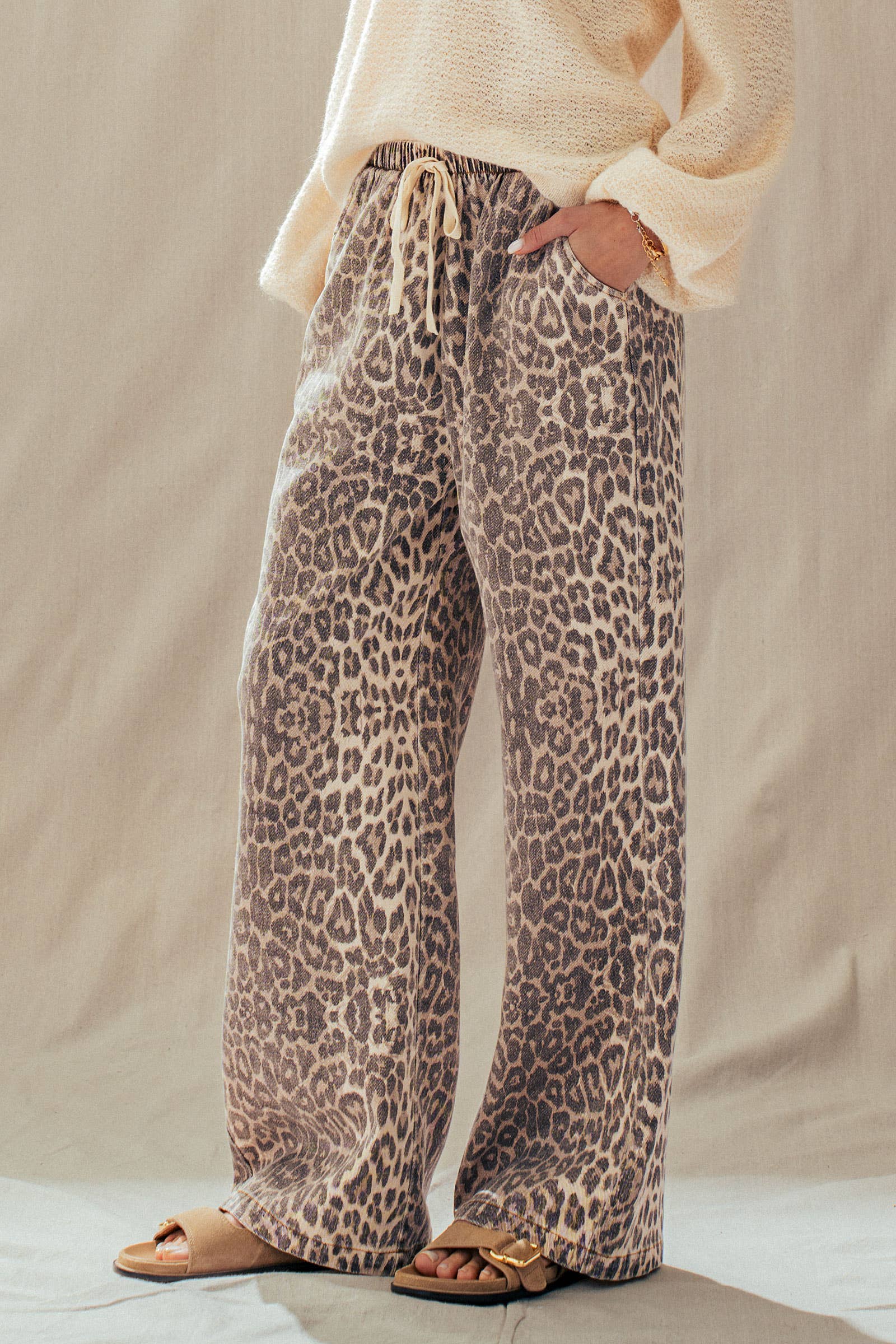 Urban Daizy Leopard Print Wide Leg Cotton Pants Drawstring Leopard Pants - Women's (UDZ-PT-00482)