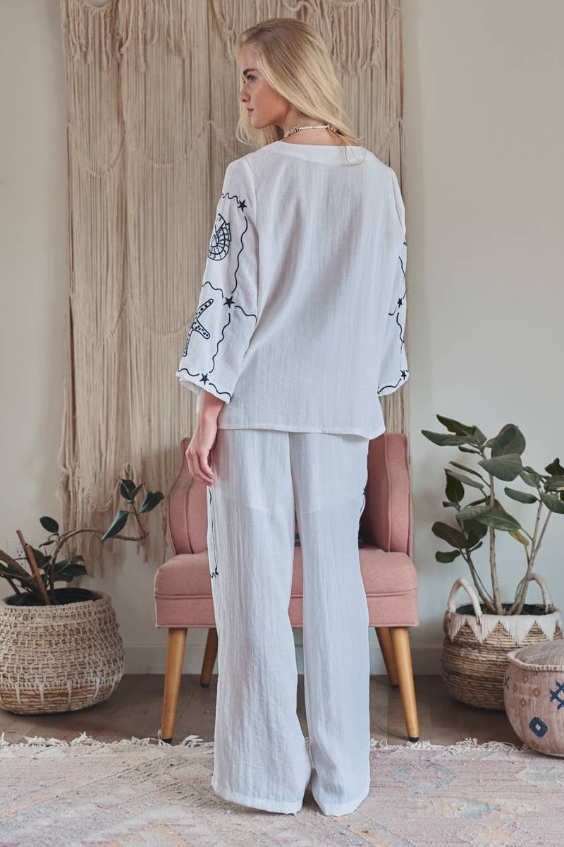 Seashell Embroidered Linen Blend Wide Leg Pants