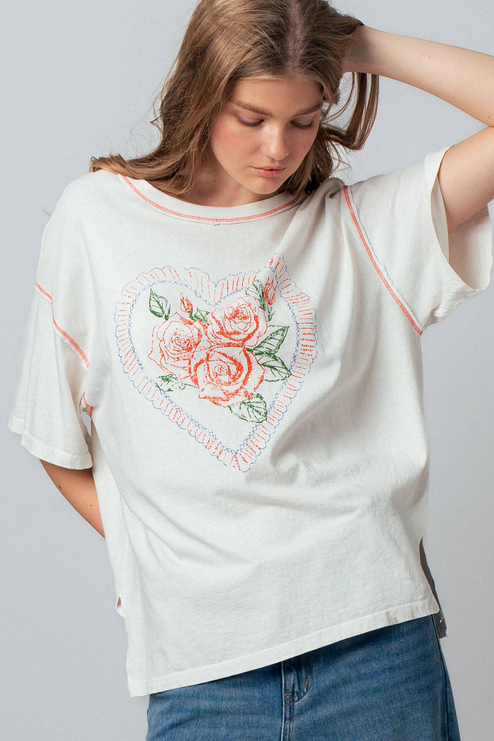 Vintage Rose Heart Floral Oversized Graphic Tee