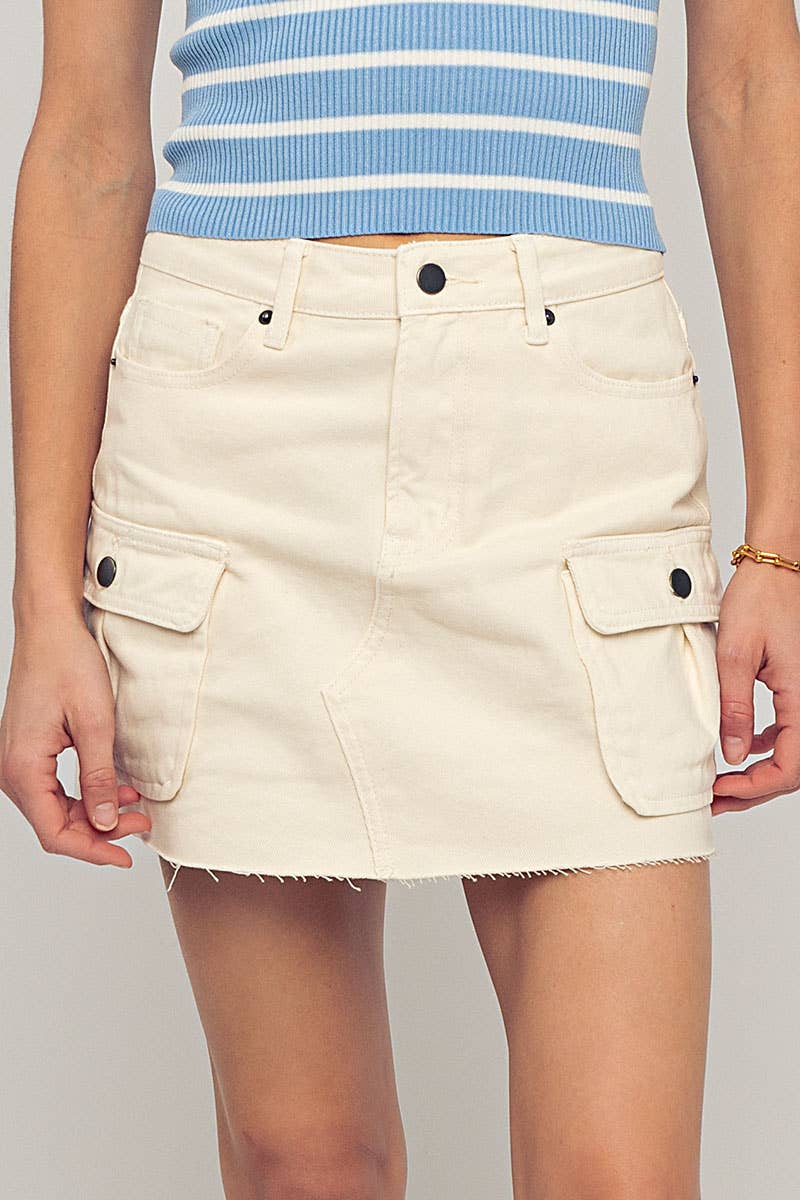 High Rise Raw Hem Utility Pocket Mini Cargo Skirt