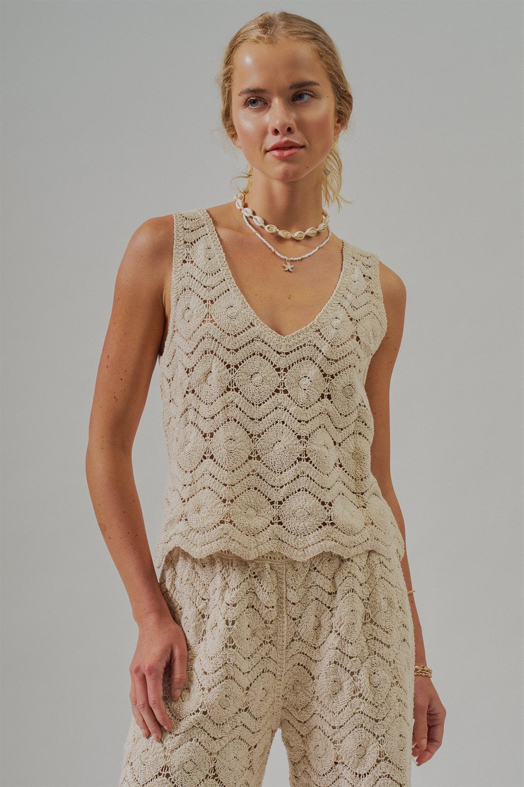 Natural Crochet Wavy V-Neck Tank