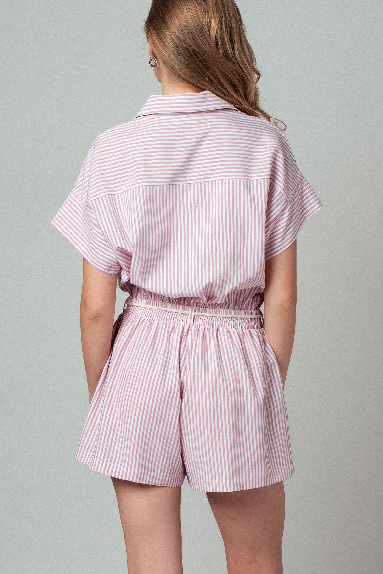 Urban Daizy Striped Tassel-Belt Collared Romper Pink Romper - Women's (UDZ-JR-00069) – alternate view 9