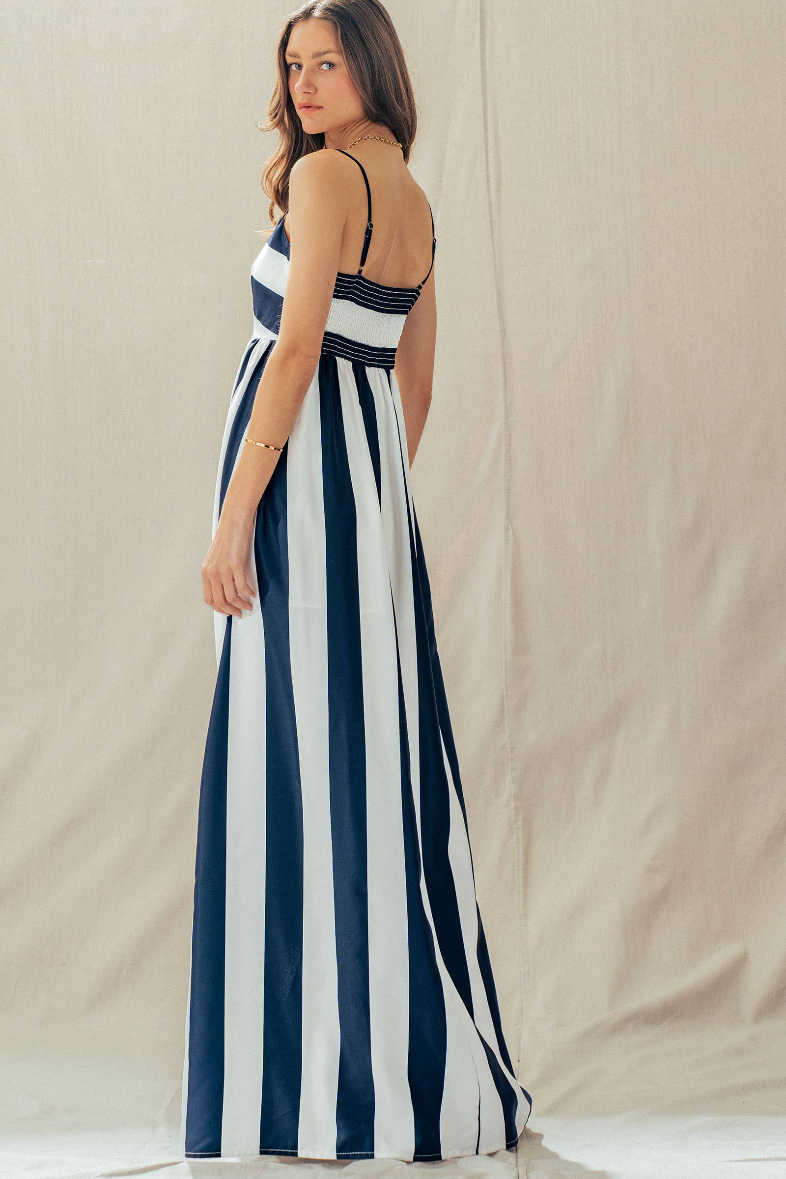 Urban Daizy Vertical Stripe Smocked Back Maxi Dress Ivory-Navy Dress - Women's (UDZ-DR-00526) – alternate view 7