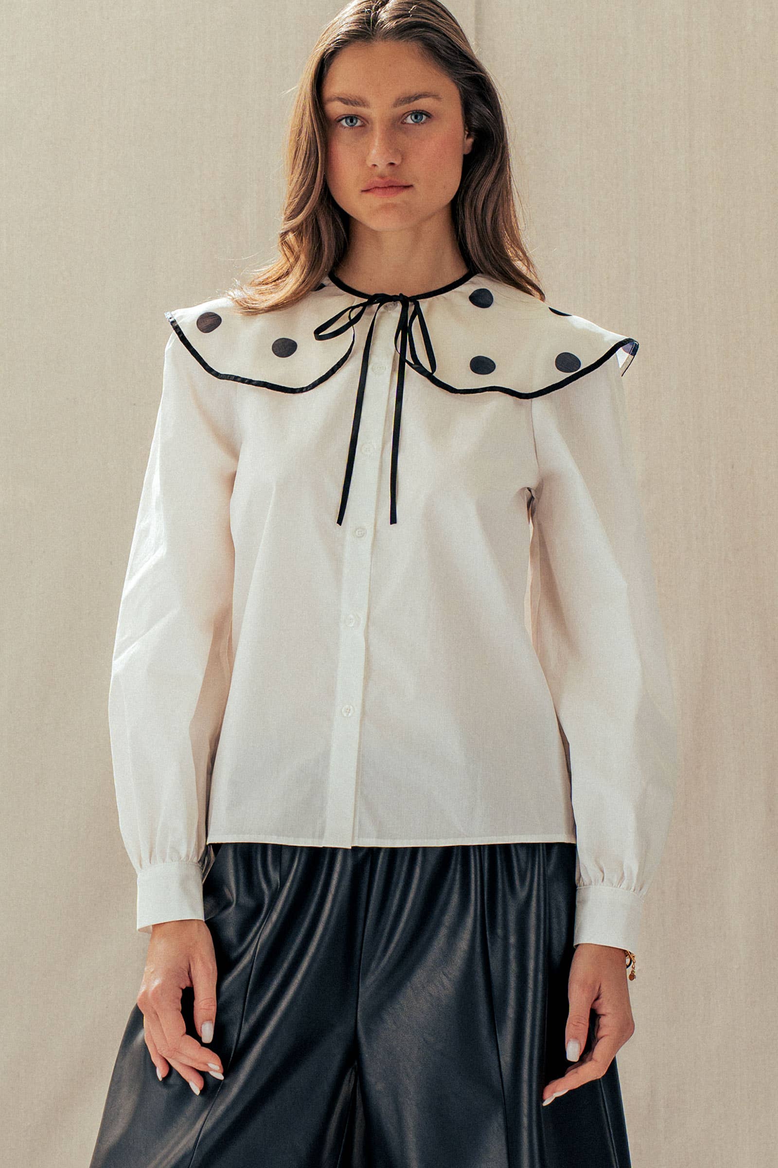 Urban Daizy Polka Dot Statement Collar Tie-Neck Shirt Cream Button Down Shirt - Women's (UDZ-TP-01066) – alternate view 8