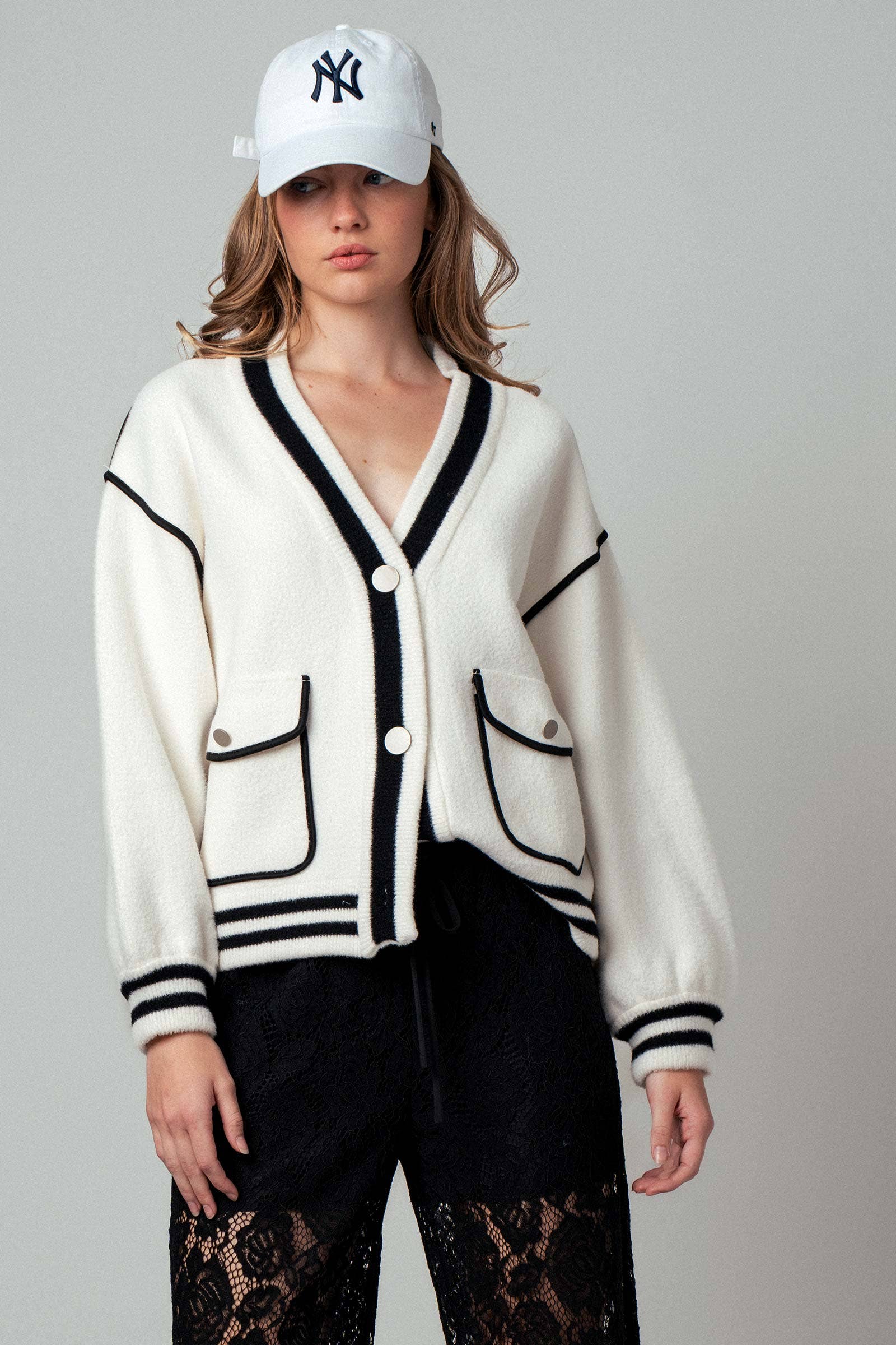 Contrast Trim Varsity Knit Cardigan