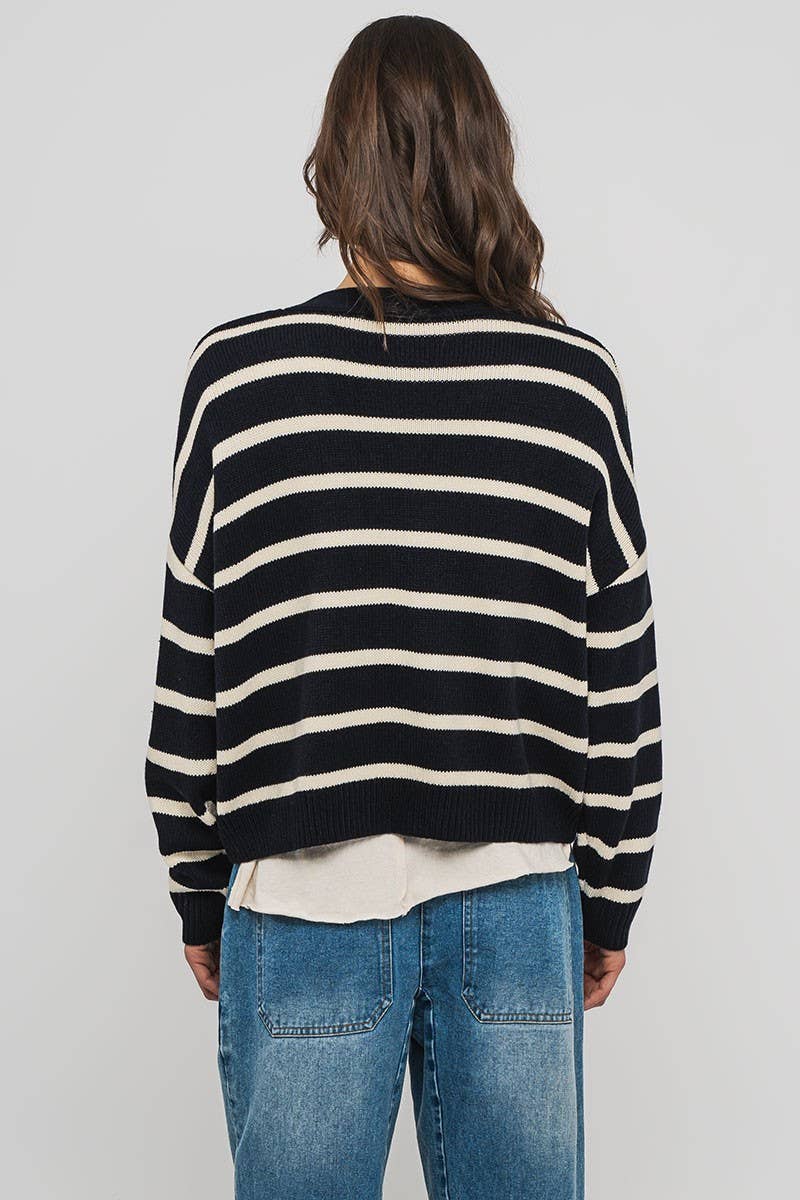 Urban Daizy Striped Cropped V Neck Embellished Button Cardigan Navy Ivory Cardigan - Women's (UDZ-KN-00501) – alternate…