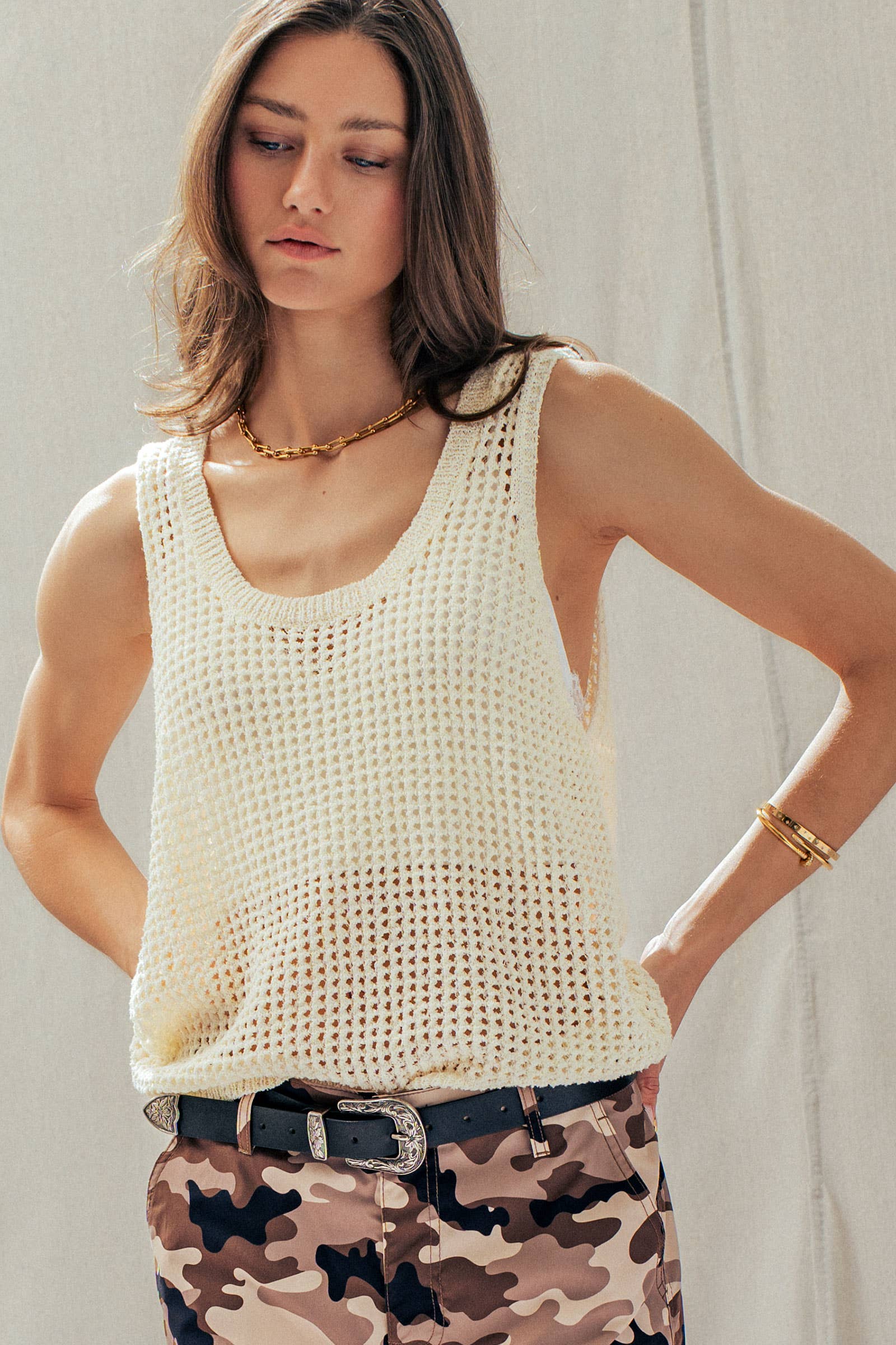 Relaxed Open-Knit Sleeveless Sweater Tank