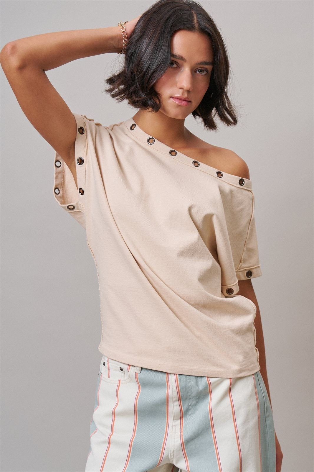 Grommet Trim Washed Cotton Boat Neck Top in CHALK - Women's T-Shirts & Polos | Urban Daizy