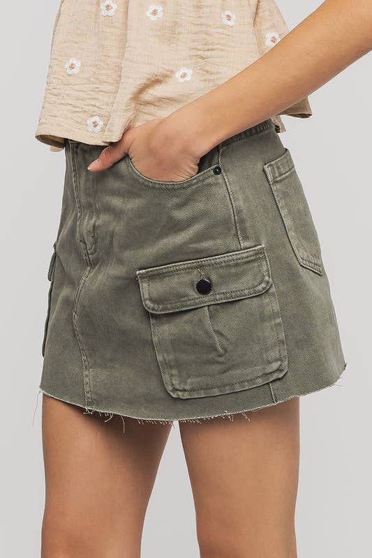 High Rise Raw Hem Utility Pocket Mini Cargo Skirt