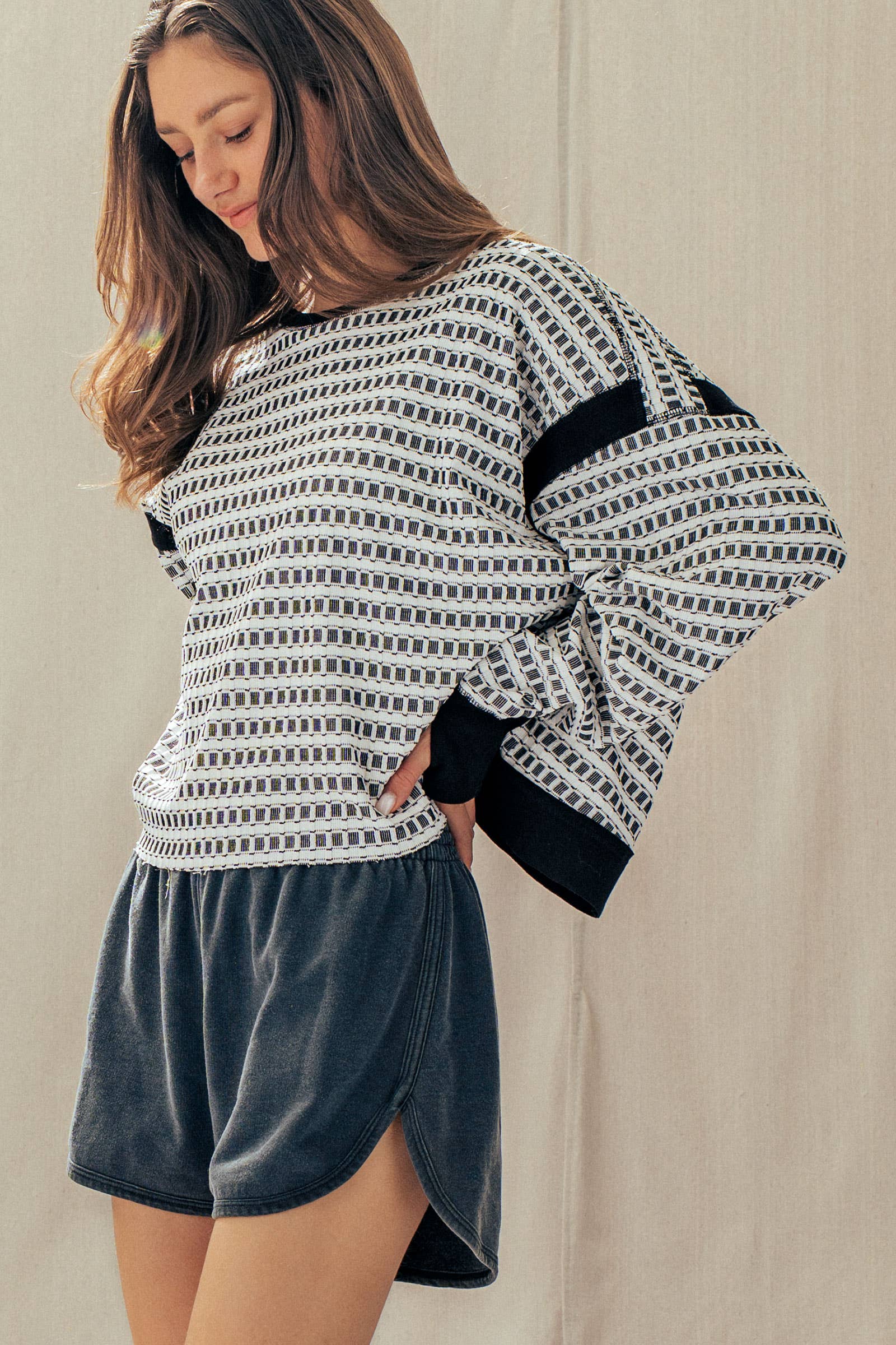 Reversible Textured Check Long Sleeve Pullover