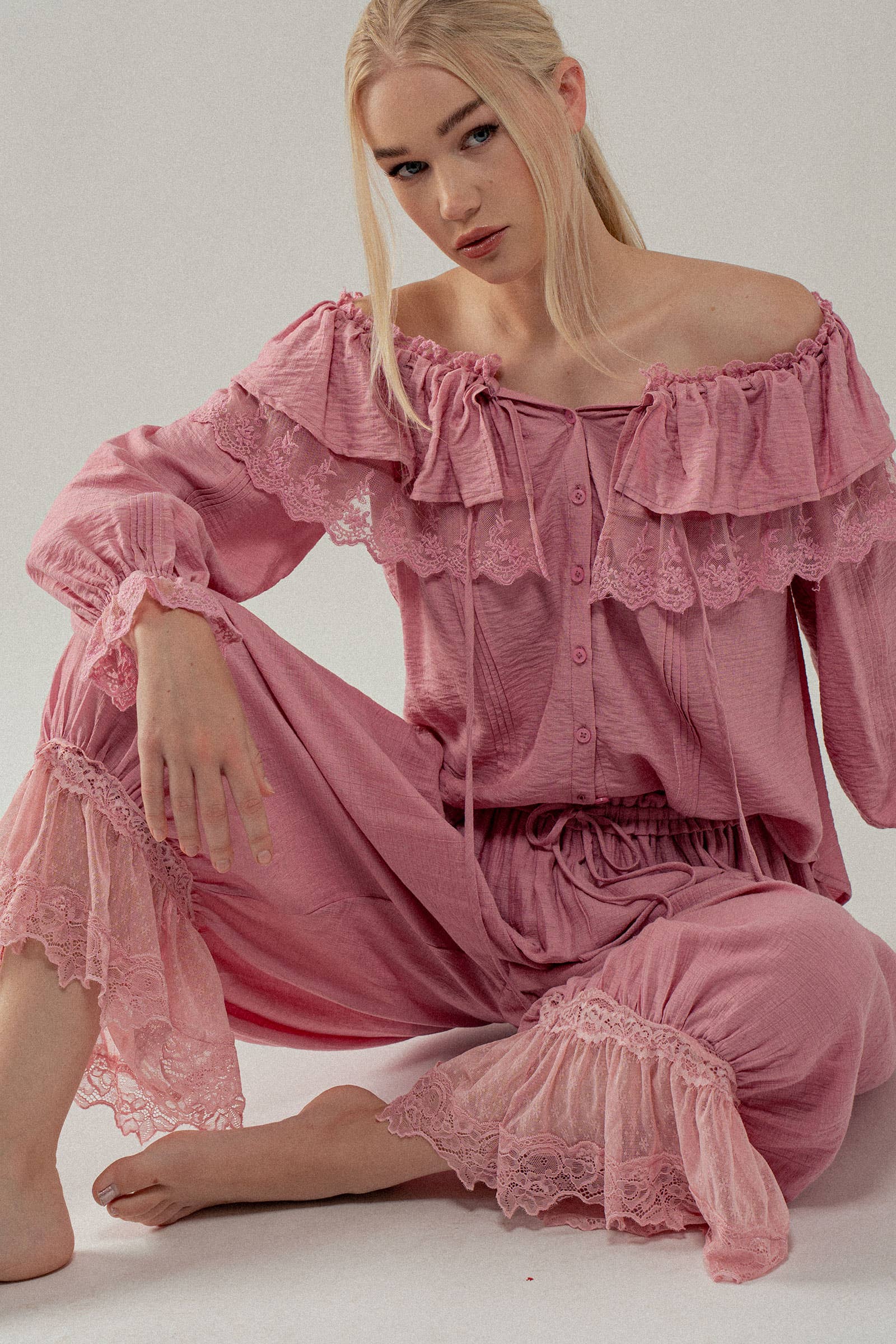 Lace Trim Ruffle Tie Neck Spring Blouse Top