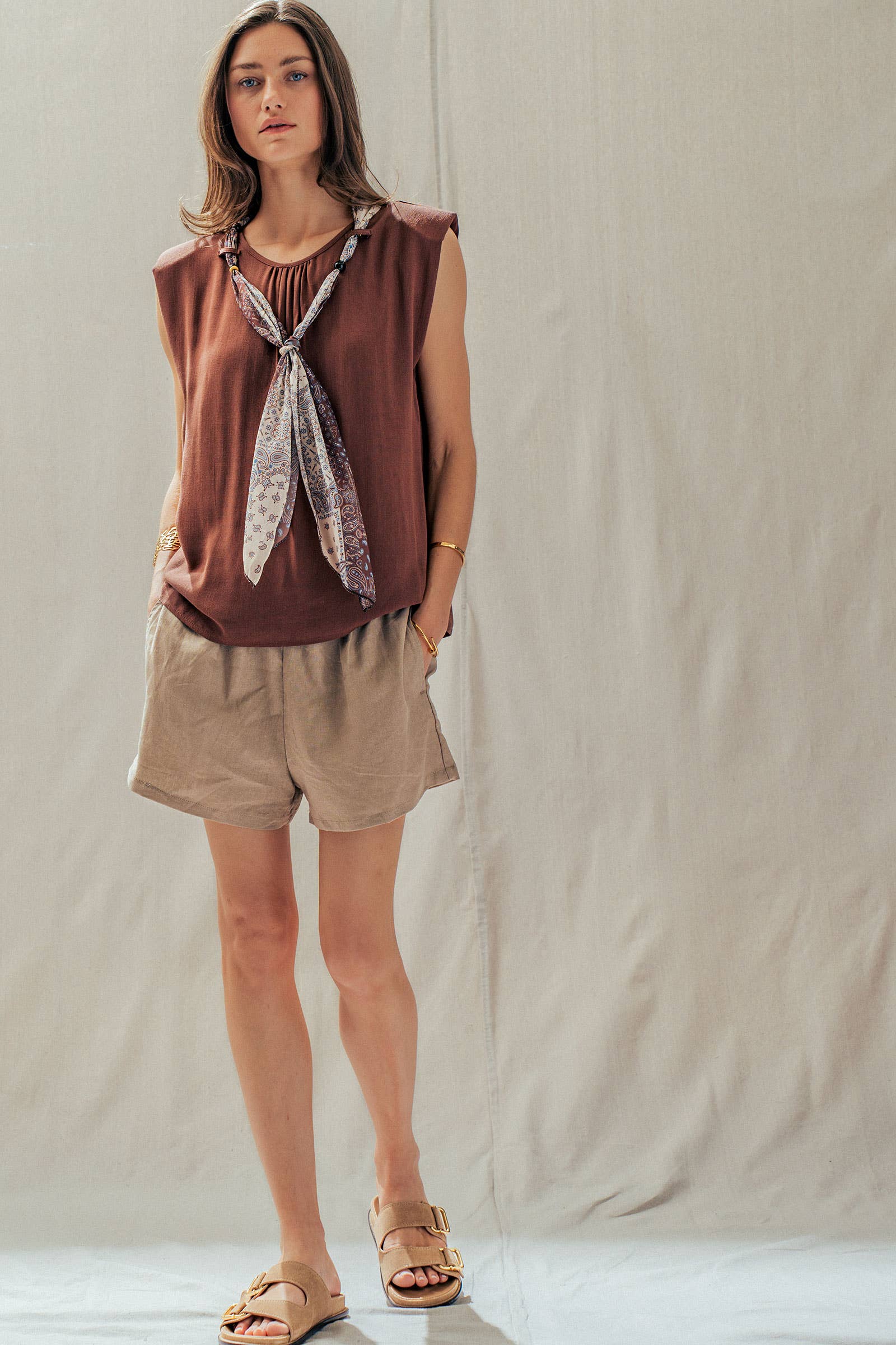 Paisley Scarf Tie Linen Blend Muscle Top