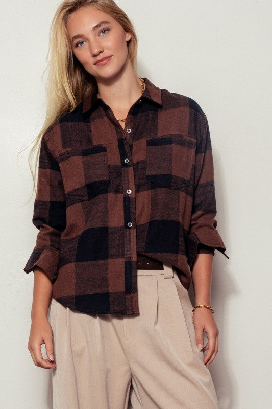 Buffalo Plaid Flannel Shirt Button Up Western Boho Top in BLACK - Women's Shirts & Blouses | Urban Daizy