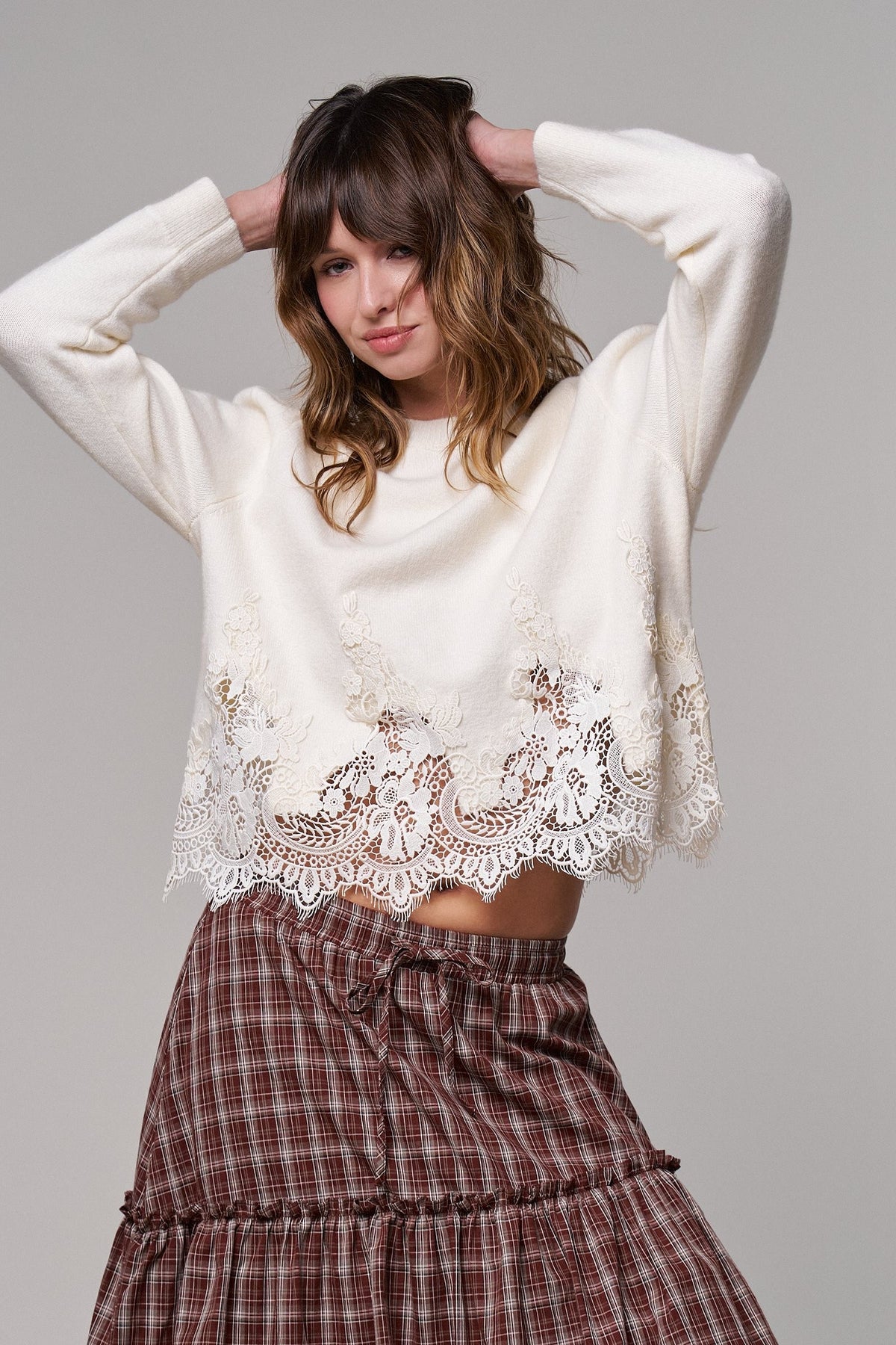 Lace Trim Knit Sweater with Floral Hem Detail in IVORY - Women's Sweaters | Urban Daizy