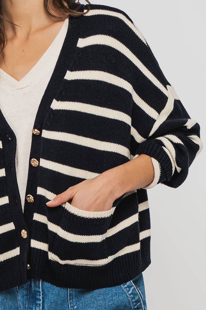 Urban Daizy Striped Cropped V Neck Embellished Button Cardigan Navy Ivory Cardigan - Women's (UDZ-KN-00501) – alternate…